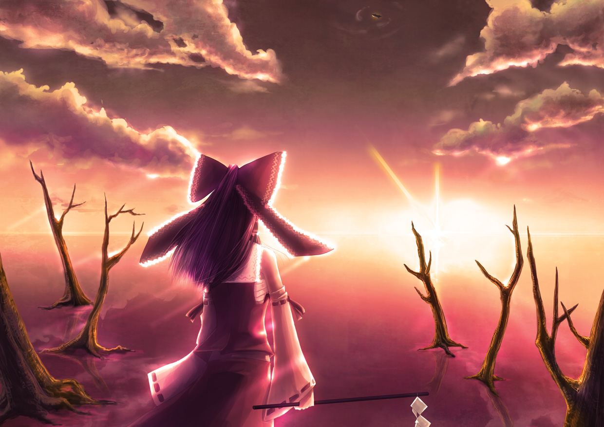 ibitsu, xenolfoss, hakurei reimu, touhou, bad id, bad pixiv id, 1girl, back, female focus, gohei, holding, holding gohei, palanquin ship, scenery, sky, solo