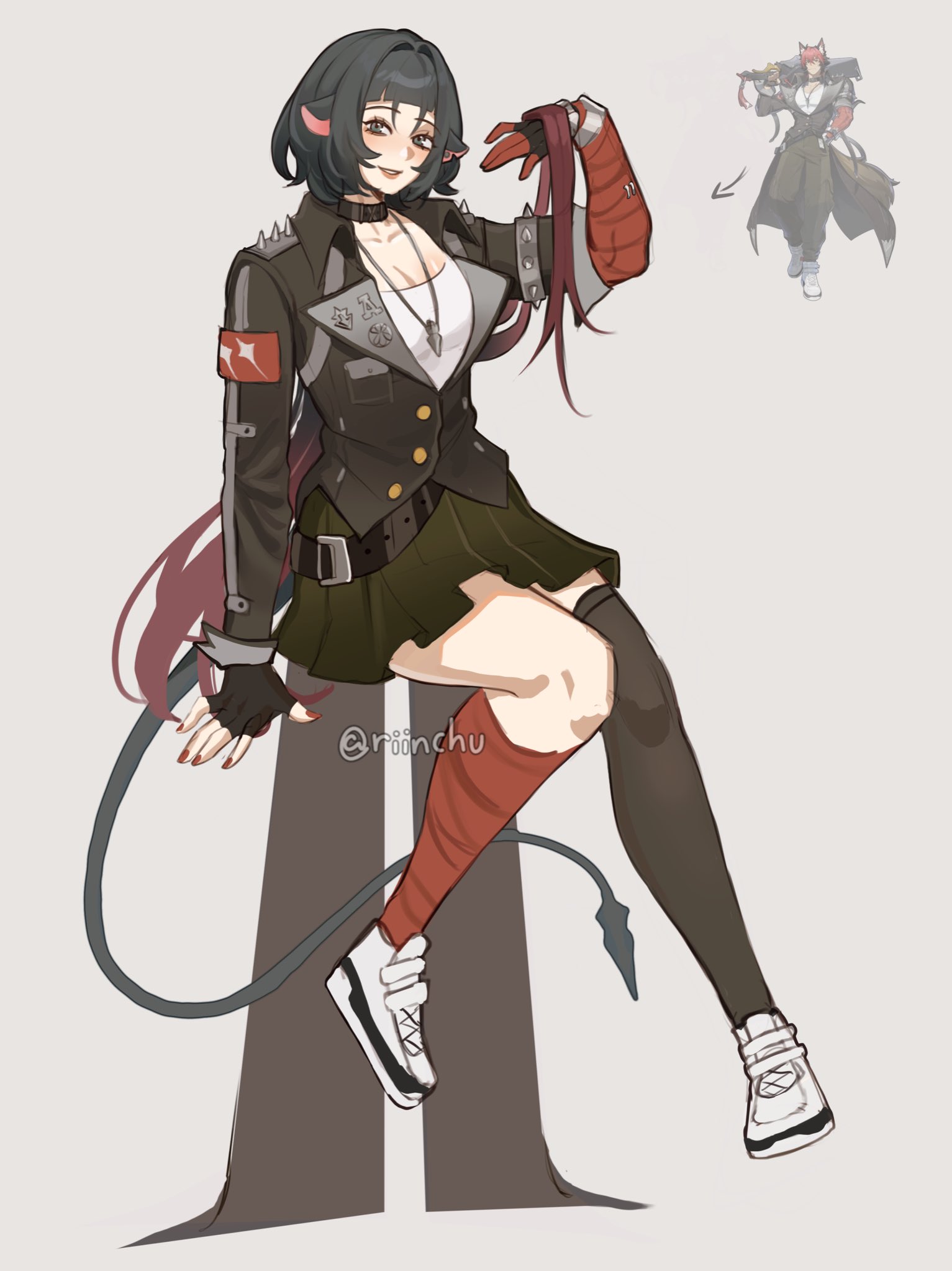 riinchu, jane doe (zenless zone zero), komano manato, zenless zone zero, highres, 1girl, alternate costume, animal ears, arm up, arrow (symbol), bandaged arm, bandaged leg, bandages, black gloves, black hair, black jacket, blue eyes, breasts, cleavage, collar, collarbone, cosplay, fingerless gloves, full body, gloves, green skirt, grey background, hair intakes, jacket, komano manato (cosplay), long hair, long tail, looking at viewer, medium breasts, mouse ears, mouse girl, mouse tail, multicolored hair, notched ear, parted lips, red bandage, red hair, red nails, sharp tail, shirt, shoes, simple background, single thighhigh, sitting, skirt, smile, sneakers, solo, spiked jacket, tail, thighhighs, twitter username, white shirt, white shoes