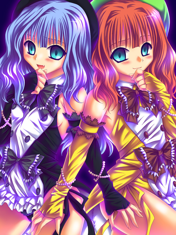 dxr, furfur, zepar, 07th expansion, no naku koro ni (series), umineko no naku koro ni, bad id, bad pixiv id, 00s, 1boy, 1girl, blue eyes, blue hair, bow, brown bow, dress, jewelry, red hair, trap