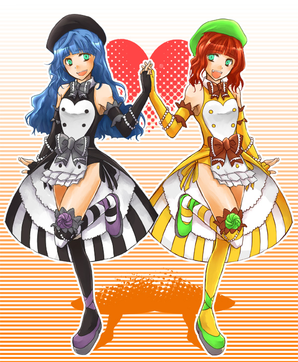 kusa (kusa77), furfur, zepar, 07th expansion, no naku koro ni (series), umineko no naku koro ni, bad id, bad pixiv id, 00s, 1boy, 1girl, asymmetrical legwear, blue hair, bow, brown bow, dress, flower, green flower, green rose, hetero, holding hands, jewelry, long hair, mismatched legwear, purple flower, purple rose, red hair, ribbon, rose, short hair, standing, standing on one leg, symmetry, thighhighs, trap