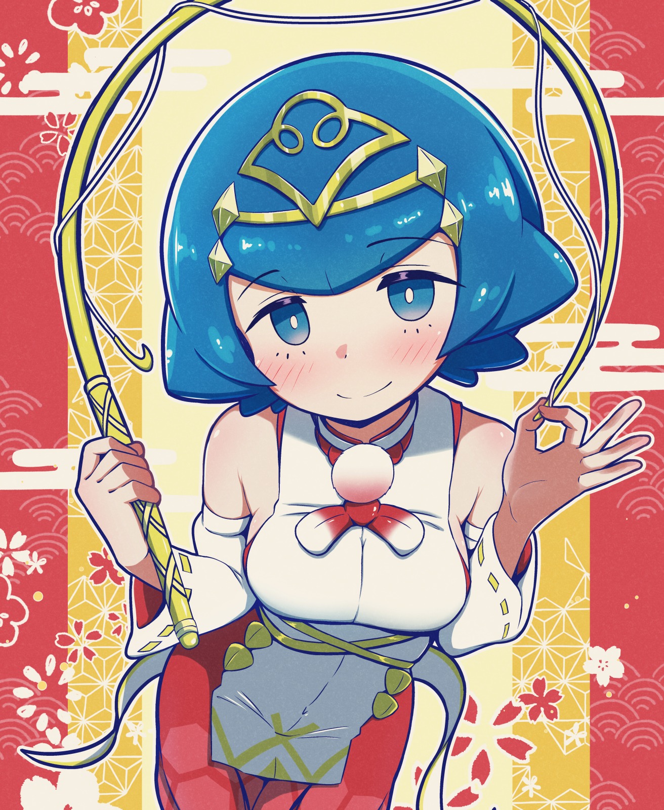 kotako-san, lana (pokemon), nintendo, pokemon, pokemon sm, commentary request, highres, 1girl, alternate costume, bare shoulders, blue eyes, blue hair, blush, bright pupils, closed mouth, detached sleeves, fishing rod, holding, holding fishing rod, leaning forward, no sclera, red skirt, short hair, skirt, smile, solo, white pupils, white sleeves