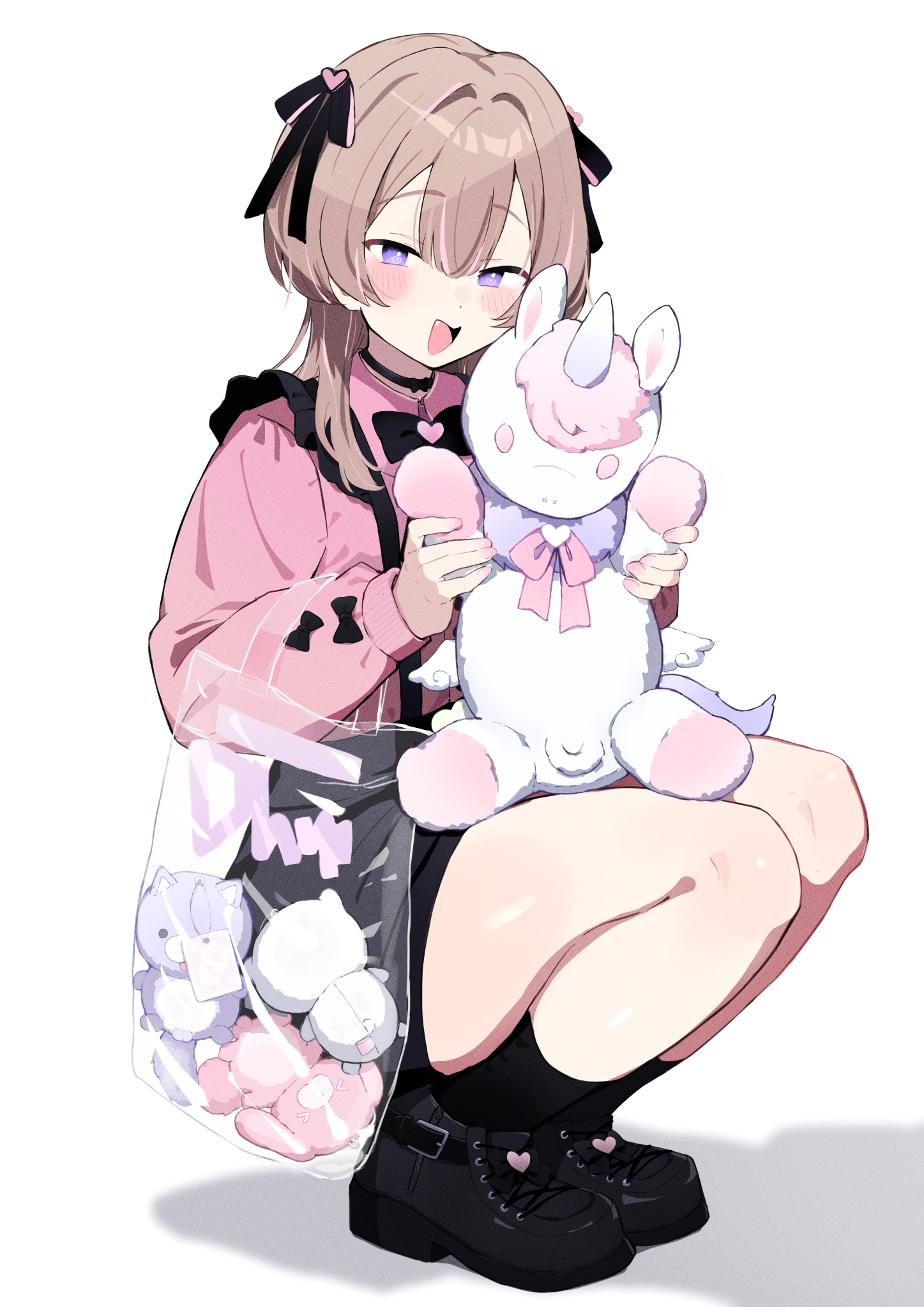 white taste, original, highres, 1boy, bag, black shoes, black skirt, black socks, blush, brown hair, choker, crossdressing, crossdressing (mtf), hair ribbon, jacket, jirai kei, long hair, looking at viewer, open mouth, pink jacket, plastic bag, purple eyes, ribbon, shoes, simple background, skirt, smile, socks, squatting, stuffed unicorn, suspender skirt, suspenders, trap, white background