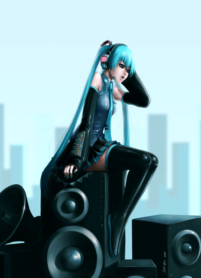 mochammad jehan, hatsune miku, vocaloid, 1girl, aqua hair, blue eyes, boots, female focus, long hair, skirt, solo, thigh boots, thighhighs, very long hair