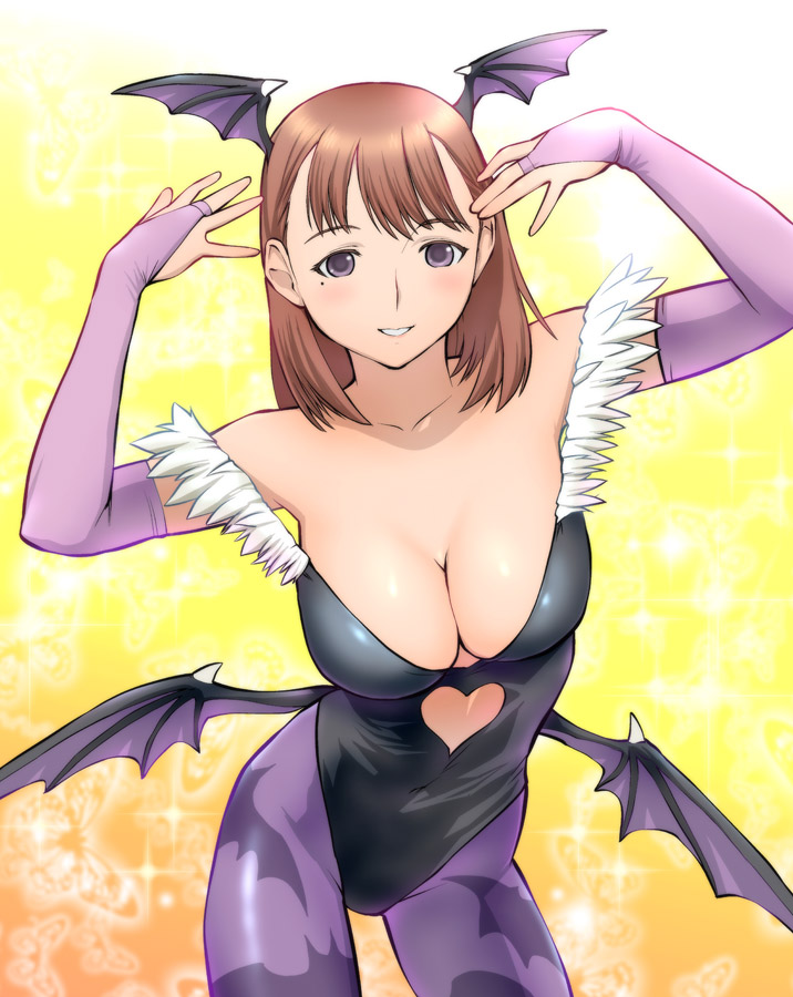 ueyama michirou, anegasaki nene, morrigan aensland, capcom, darkstalkers, love plus, 1girl, animal print, bat print, breasts, cleavage, cosplay, elbow gloves, female focus, gloves, head wings, large breasts, mole, mole under eye, morrigan aensland (cosplay), pantyhose, print pantyhose, solo, wings