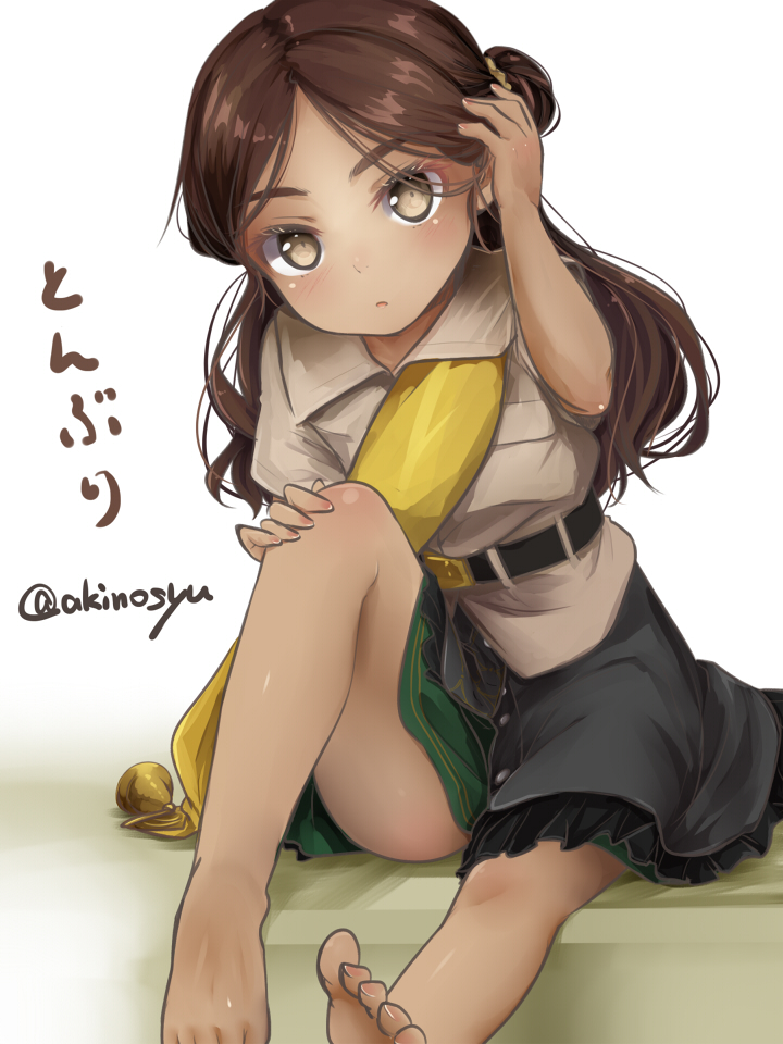 akino shuu, kantai collection, commentary request, 1girl, barefoot, brown hair, character name, closed mouth, dark-skinned female, dark skin, long hair, looking at viewer, sitting, skirt, solo, thonburi (kancolle), toes