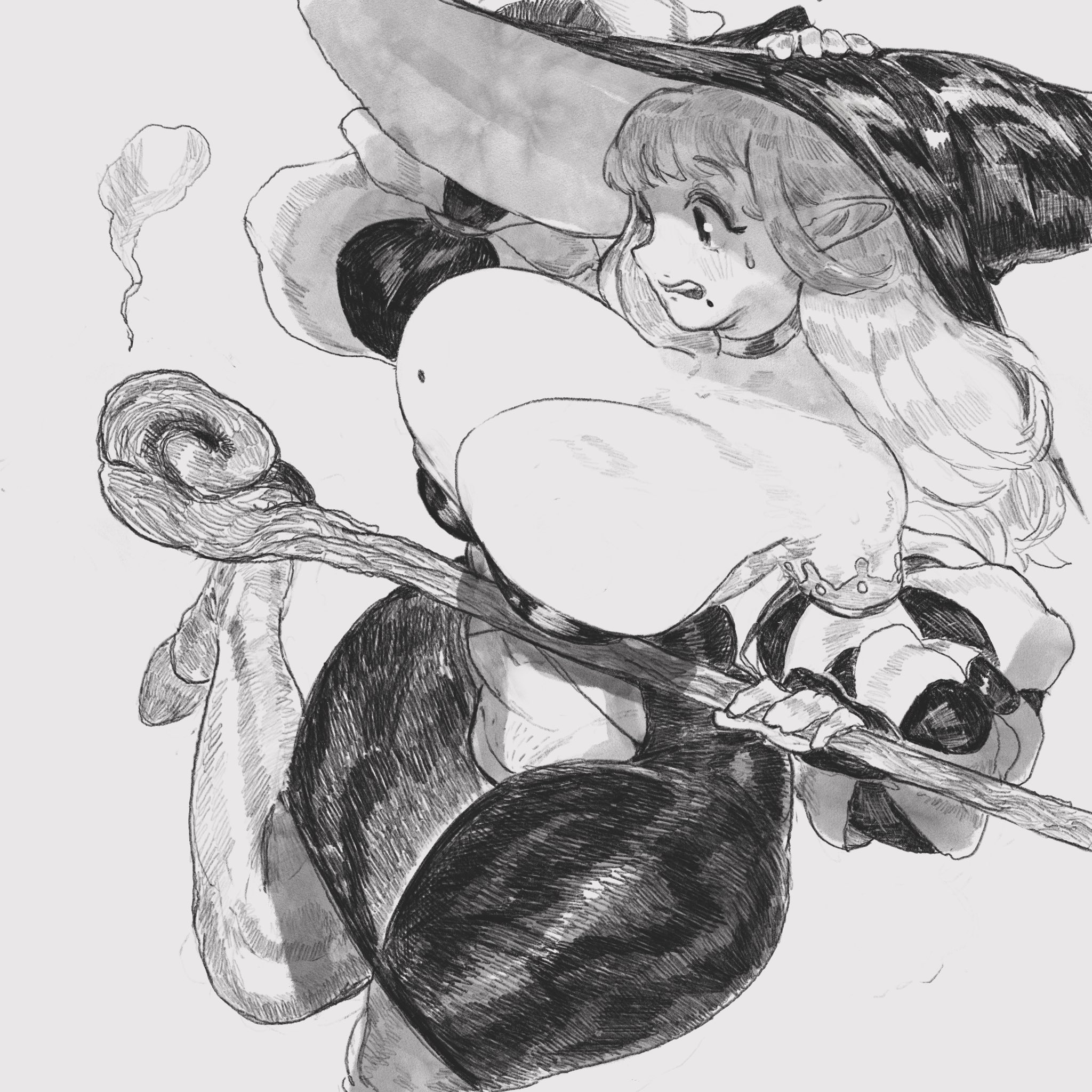 keziedra, original, commentary, english commentary, highres, bare shoulders, breasts, choker, cleavage, detached sleeves, full body, gabrielle (keziedra), greyscale, hand on own head, hat, holding, holding staff, huge breasts, long hair, long sleeves, mage staff, mole, mole on breast, monochrome, parted lips, pointy ears, puffy long sleeves, puffy sleeves, staff, standing, standing on one leg, strapless bodysuit, sweatdrop, teeth, upper teeth only, witch, witch hat