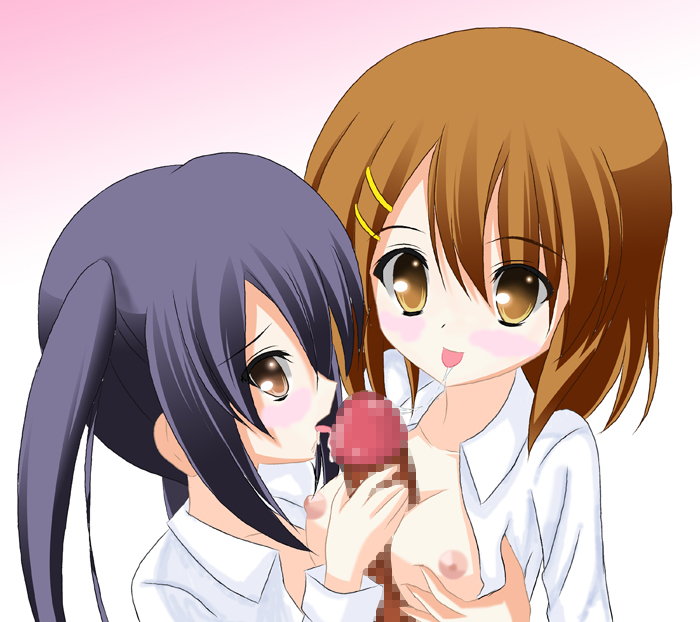 hirasawa yui, nakano azusa, k-on!, 00s, blush, breasts, censored, licking, open clothes, open shirt, paizuri, penis, shirt