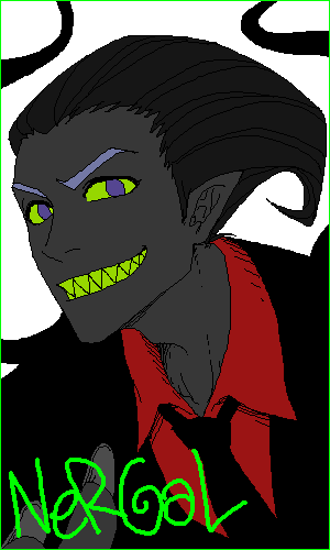 cartoon network, the grim adventures of billy & mandy, nergal (billy & mandy), lowres, 1boy, black hair, black skin, formal clothes, male focus, pointy ears, solo, suit