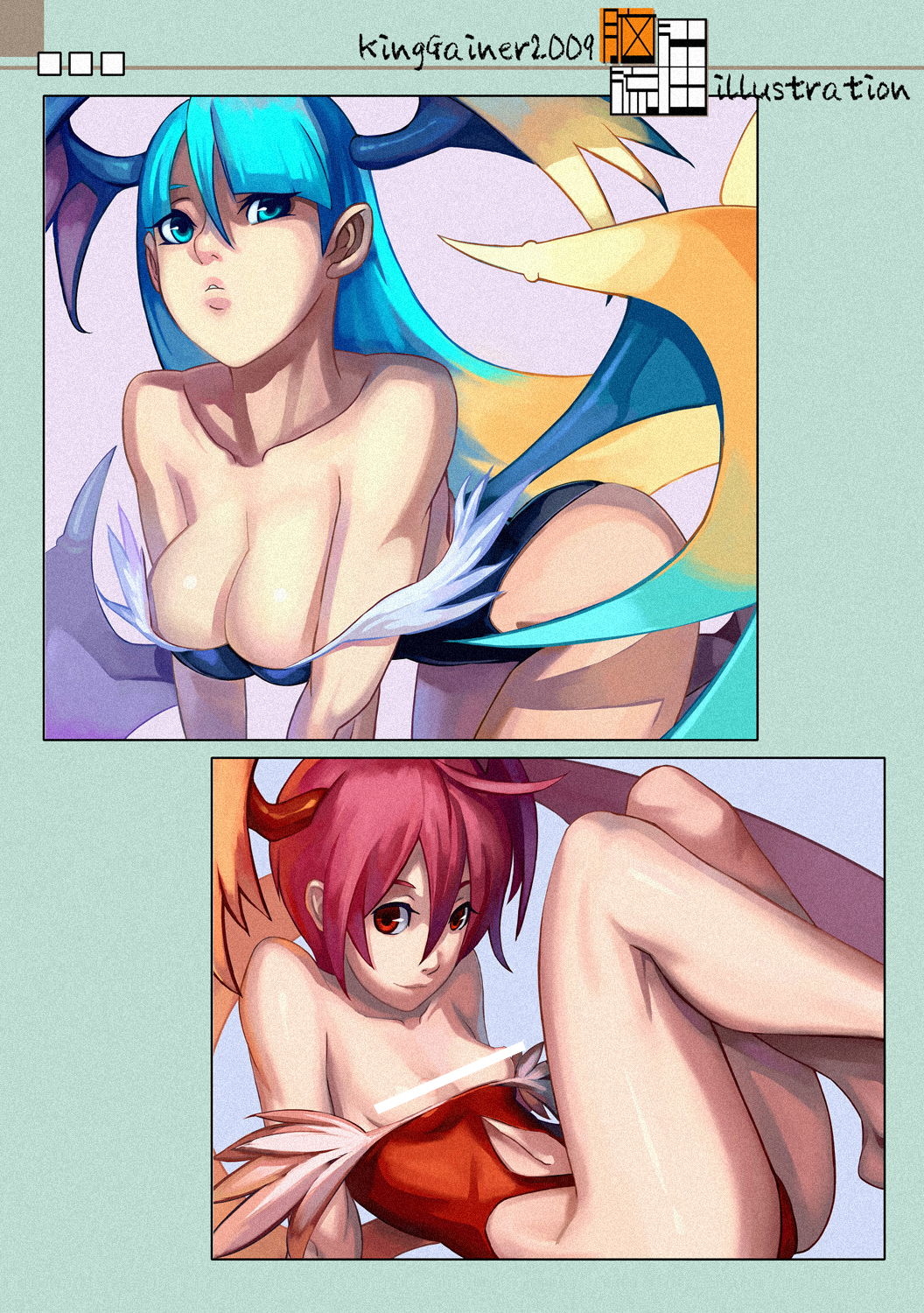 kinggainer, lilith (darkstalkers), morrigan aensland, capcom, darkstalkers, highres, 2girls, bar censor, bare shoulders, bat wings, belt, breasts, censored, censored nipples, cleavage, demon girl, flat chest, green eyes, green hair, large breasts, long hair, multiple girls, no legwear, purple hair, red eyes, short hair, vampire, wings