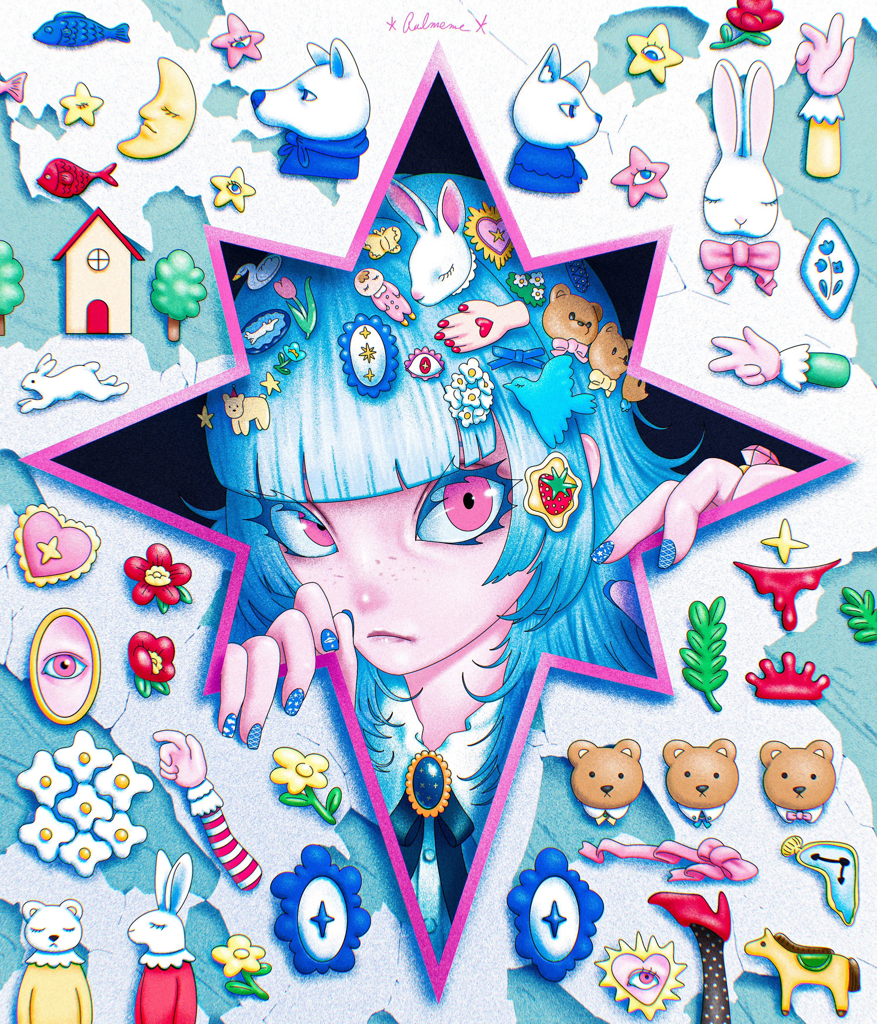 original, absurdres, commentary, highres, tagme, 1girl, artist name, bird hair ornament, blue hair, bolo tie, cameo (jewelry), collage, colored eyelashes, decora, freckles, hair ornament, hime cut, lipstick, looking at viewer, makeup, multiple hair clips, nail polish, palmeme-paleman, peeking out, pink eyes, rabbit hair ornament, stuffed animal, stuffed toy, teddy bear, what