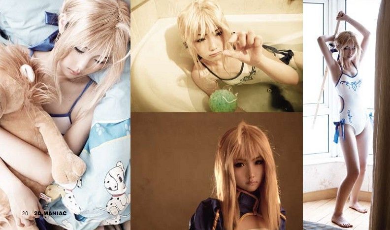 artoria pendragon (fate), liu (cosplayer), saber (fate), fate/stay night, fate (series), photo (medium), airbrushed, barefoot, chinese text, cosplay