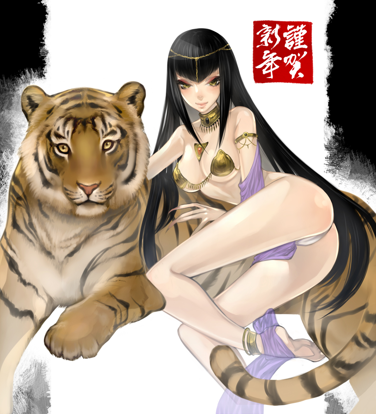 hitowa, original, highres, 1girl, anklet, ass, bare shoulders, barefoot, black hair, breasts, cleavage, feet, female focus, jewelry, legs, lips, long hair, panties, solo, tiger, underwear, yellow eyes