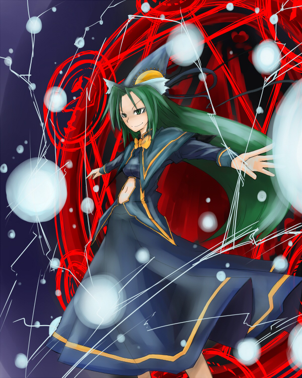 touyakakasi, mima (touhou), touhou, touhou (pc-98), 1girl, capelet, danmaku, dress, female focus, green eyes, hat, hat ribbon, long hair, long sleeves, navel, outstretched arms, ribbon, smile, solo, spread arms, standing, wizard hat