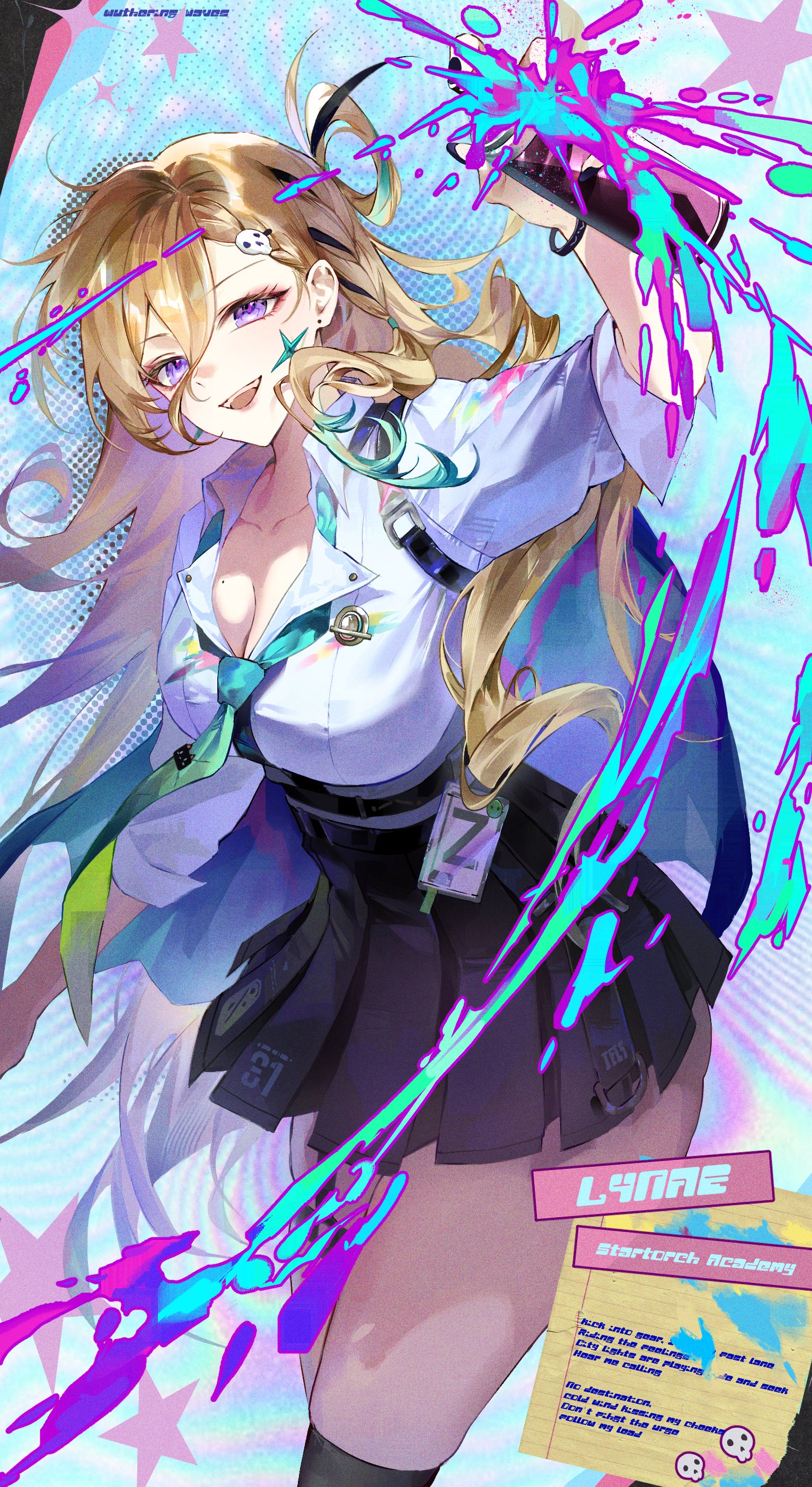 fsuusux, lynae (wuthering waves), wuthering waves, absurdres, bad id, bad twitter id, commentary, highres, symbol-only commentary, 1girl, aqua necktie, black skirt, blonde hair, braid, braided bangs, breasts, character name, cleavage, collarbone, colorful background, earrings, hair ornament, holding, holding spray can, id card, jewelry, long hair, looking at viewer, medium breasts, multicolored hair, necktie, open mouth, purple eyes, shirt, shirt tucked in, skirt, skull hair ornament, smile, solo, spray can, star (symbol), star earrings, streaked hair, thighs, white shirt