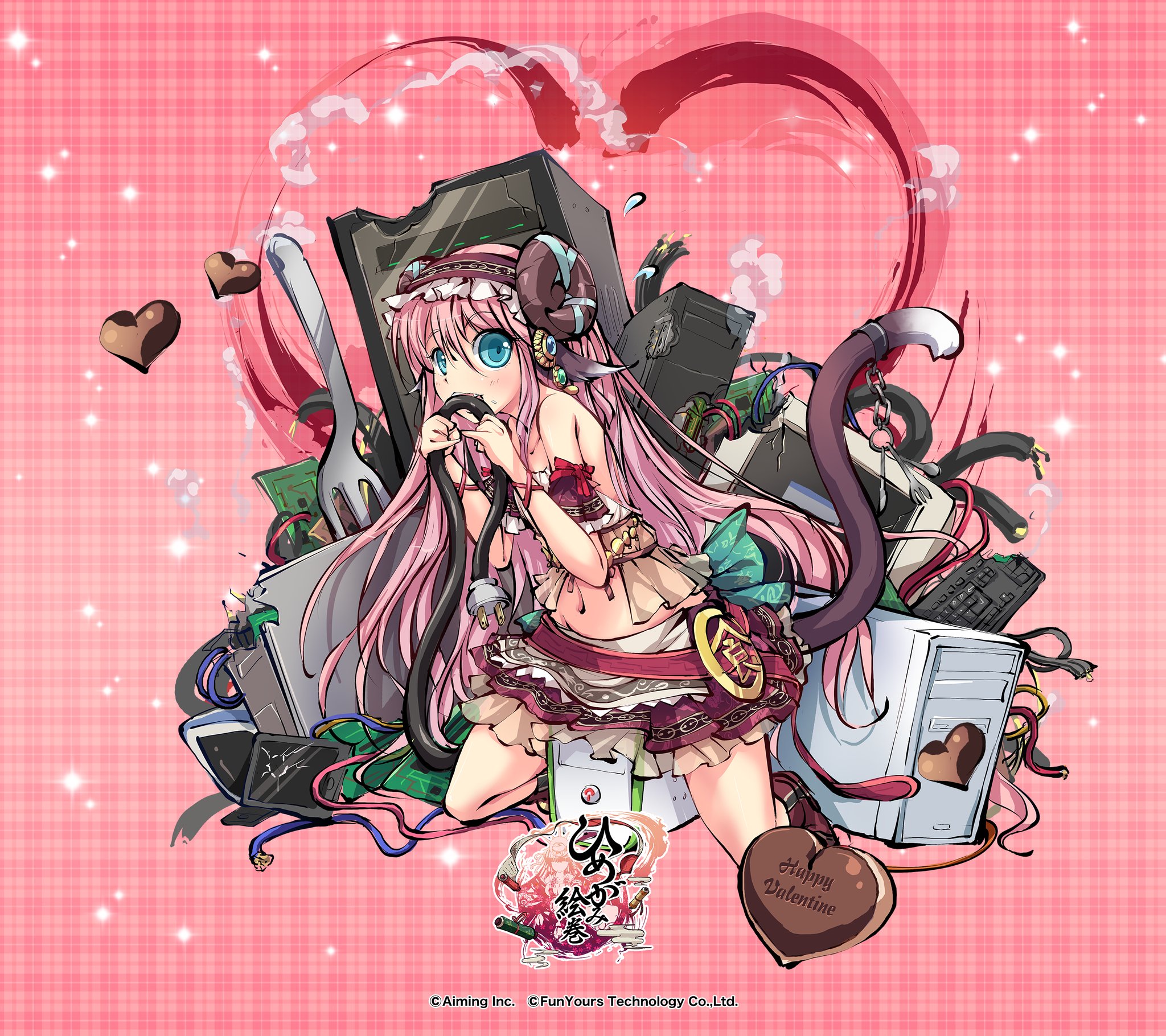 himegami kagura, ms06s, commentary request, highres, official art, 1girl, animal ears, apron, aqua eyes, biting, blush, boots, breasts, broken computer, broken monitor, brown boots, cable, candy, cat tail, chocolate, chocolate heart, company name, computer keyboard, copyright logo, copyright name, copyright notice, curled horns, food, fork, frilled skirt, frills, full body, hair between eyes, hairband, happy valentine, heart, heart-shaped food, holding, horns, kneeing, logo, long hair, long hair between eyes, long sidelocks, looking at viewer, navel, off-shoulder shirt, off shoulder, pink background, pink hair, plaid background, red skirt, sheep ears, sheep girl, sheep horns, shirt, sidelocks, skirt, solo, tablet pc, tail, toutetsu (himegami kagura), valentine, very long hair, white apron