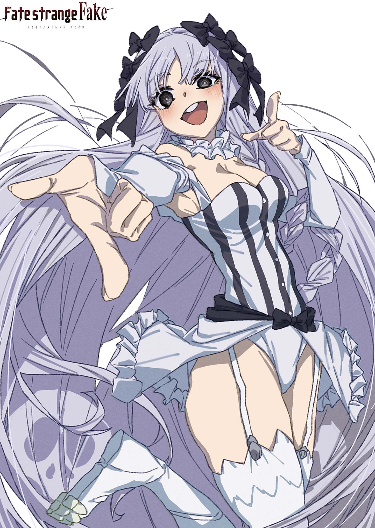 takoongyi, francesca prelati (fate), fate/strange fake, fate (series), highres, 1girl, bare shoulders, black bow, blush, bow, braid, breasts, cleavage, collar, colored inner hair, detached sleeves, dress, frilled collar, frills, garter straps, grey eyes, grey hair, hair bow, large breasts, long hair, looking at viewer, multicolored hair, open mouth, outstretched arm, panties, parted bangs, pointing, pointing at viewer, ringed eyes, sidelocks, skull print, smile, solo, striped clothes, striped dress, thighhighs, thighs, underwear, very long hair, white dress, white panties, white thighhighs