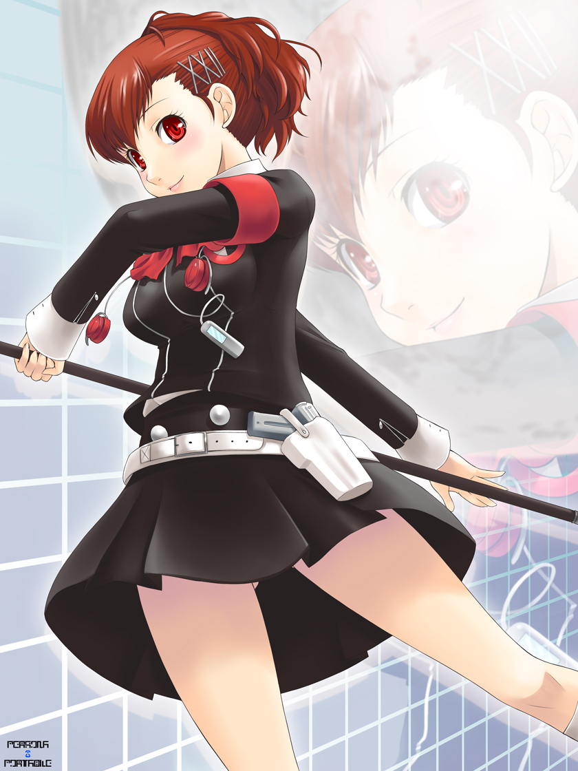 yaso shigeru, shiomi kotone, atlus, persona, persona 3, persona 3 portable, 1girl, breasts, female focus, mp3 player, red eyes, red hair, short hair, smile, solo, staff, zoom layer