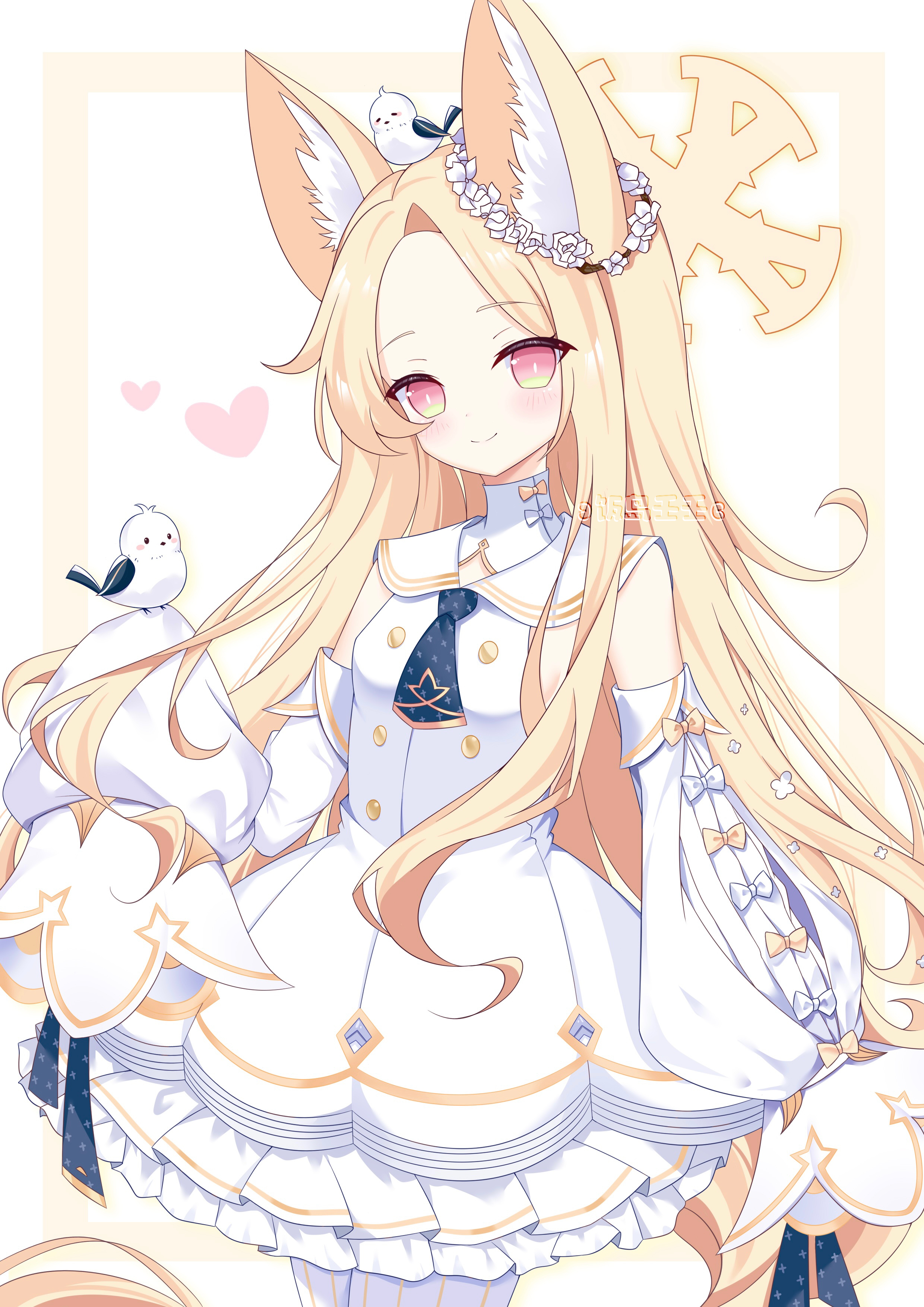 fandao renren, seia (blue archive), blue archive, absurdres, commentary request, highres, 1girl, animal, animal ear fluff, animal ears, bird, bird on hand, blonde hair, blush, bow, capelet, closed mouth, detached sleeves, dress, forehead, fox ears, fox girl, gold trim, halo, long hair, long sleeves, looking at viewer, pantyhose, pink eyes, simple background, sleeveless, sleeveless dress, sleeves past fingers, sleeves past wrists, smile, solo, striped clothes, striped pantyhose, very long hair, white background, white bow, white capelet, white dress, white pantyhose, yellow bow, yellow halo