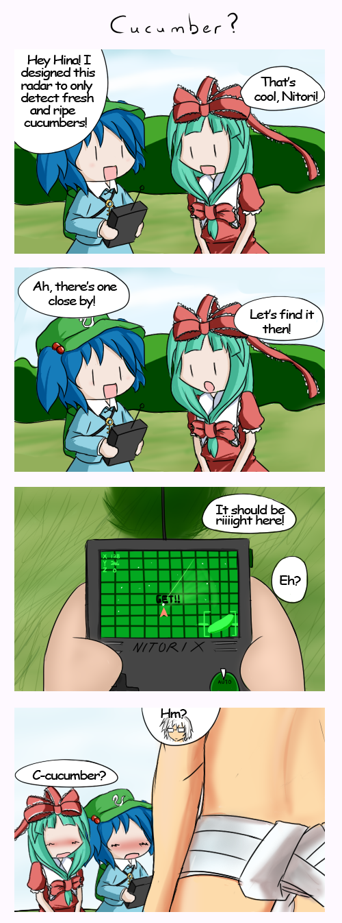 rexlent, kagiyama hina, kawashiro nitori, morichika rinnosuke, touhou, highres, 1boy, 2girls, bow, chibi, comic, english text, fundoshi, hair bobbles, hair bow, hair ornament, hat, japanese clothes, multiple girls, ribbon, two side up, | |