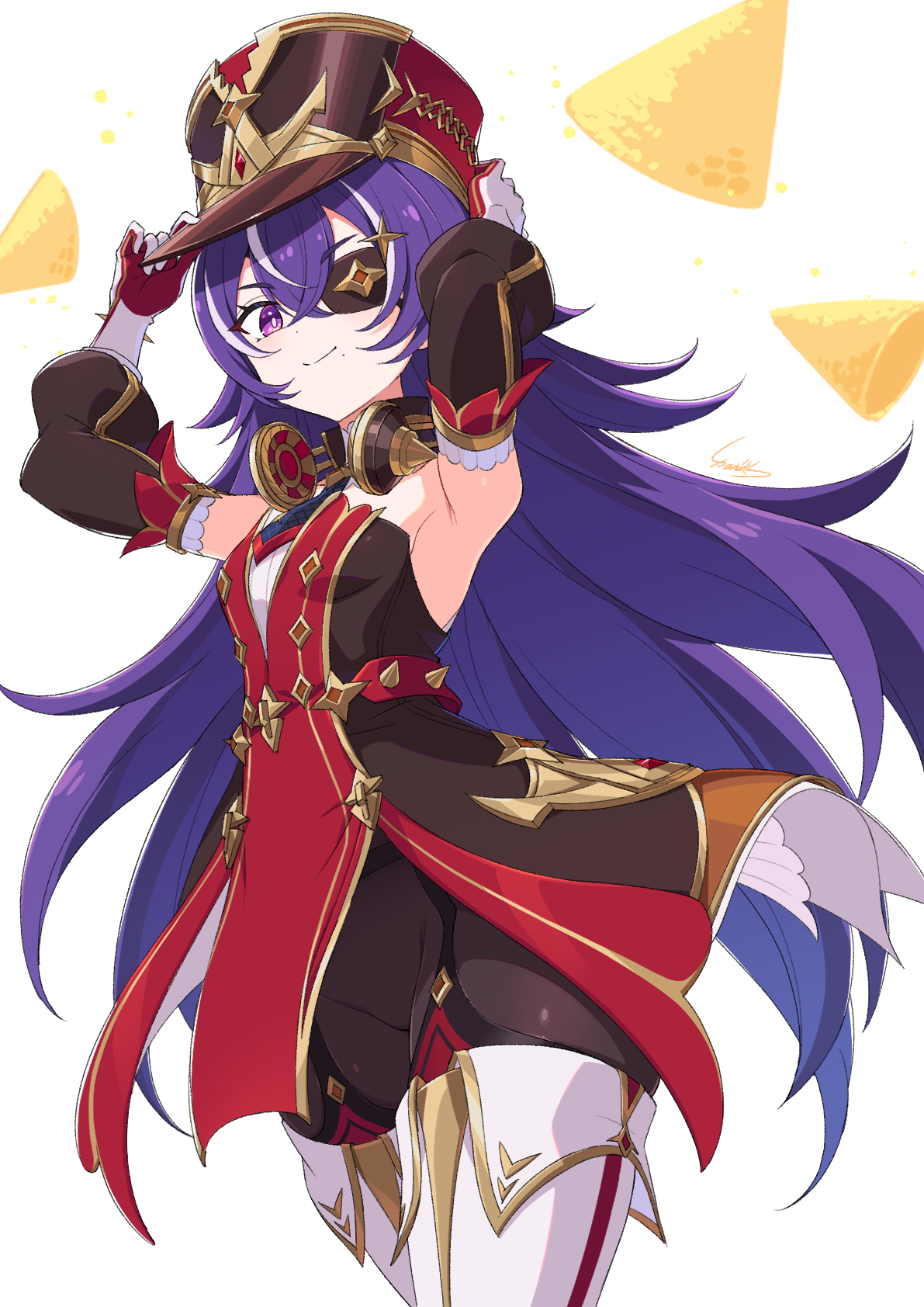 kamuraaa 615, chevreuse (genshin impact), genshin impact, highres, 1girl, armpits, arms up, black pantyhose, black sleeves, boots, closed mouth, cowboy shot, detached sleeves, dress, eyepatch, gloves, hat, holding, light smile, long hair, looking at viewer, mole, mole under mouth, pantyhose, purple eyes, purple hair, red dress, red hat, simple background, sleeveless, sleeveless dress, snack, solo, standing, thigh boots, white background, white boots, white gloves