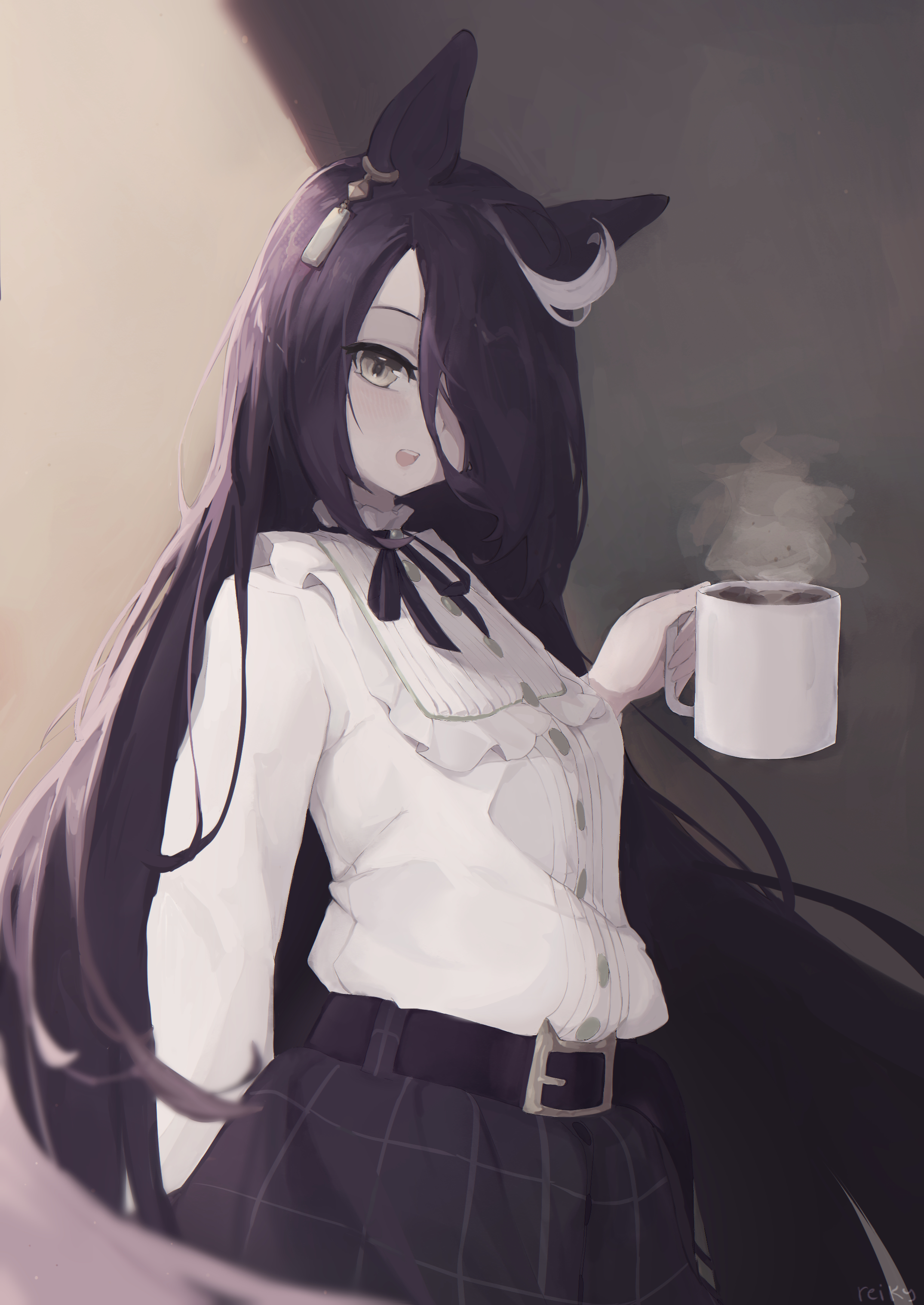 manhattan cafe (umamusume), umamusume, absurdres, highres, 1girl, ahoge, animal ears, artist name, belt, black belt, black ribbon, black skirt, blonde hair, cup, ear ornament, ear tag, earrings, frilled shirt, frills, hair over one eye, holding, holding cup, horse ears, horse girl, jewelry, long bangs, long hair, long sleeves, looking at viewer, mug, multicolored hair, neck ribbon, nyakhimov, open mouth, plaid clothes, plaid skirt, ribbon, shirt, shirt tucked in, signature, single earring, skirt, smile, solo, steam, steaming cup, teeth, upper teeth only, very long hair, white hair, yellow eyes, yellow shirt