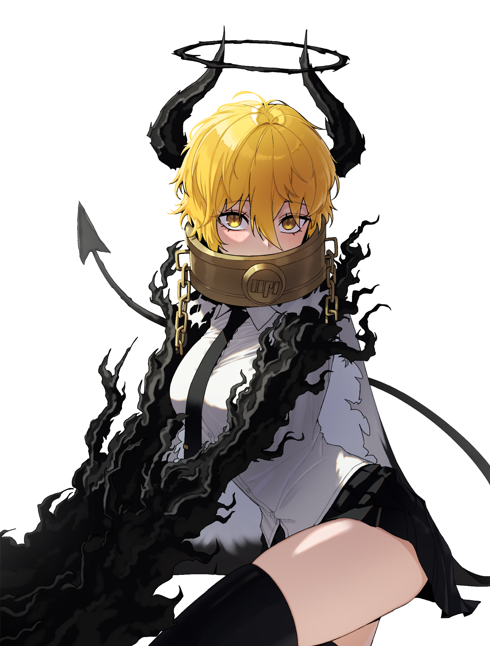 co duck, don quixote (project moon), limbus company, project moon, commentary, highres, symbol-only commentary, 1girl, black necktie, black skirt, black thighhighs, blonde hair, breasts, broken, broken chain, cape, chain, collar, covered mouth, cuffs, cuffs-to-collar, demon horns, demon tail, e.g.o (project moon), hair between eyes, halo, horns, index (identity) (project moon), looking at viewer, necktie, procuration (e.g.o), simple background, skirt, solo, tail, thighhighs, white background, white cape, yellow eyes
