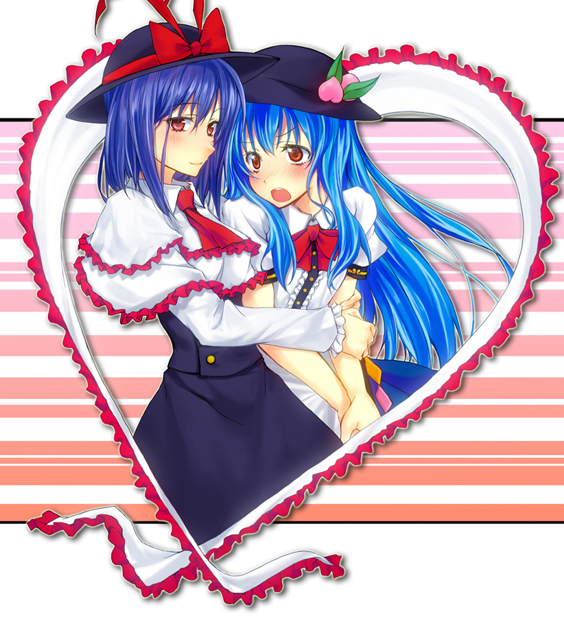 tsujigiri, hinanawi tenshi, nagae iku, touhou, 2girls, blue hair, blush, female focus, food, fruit, hat, heart, hug, long hair, multiple girls, peach, purple hair, red eyes, short hair, yuri