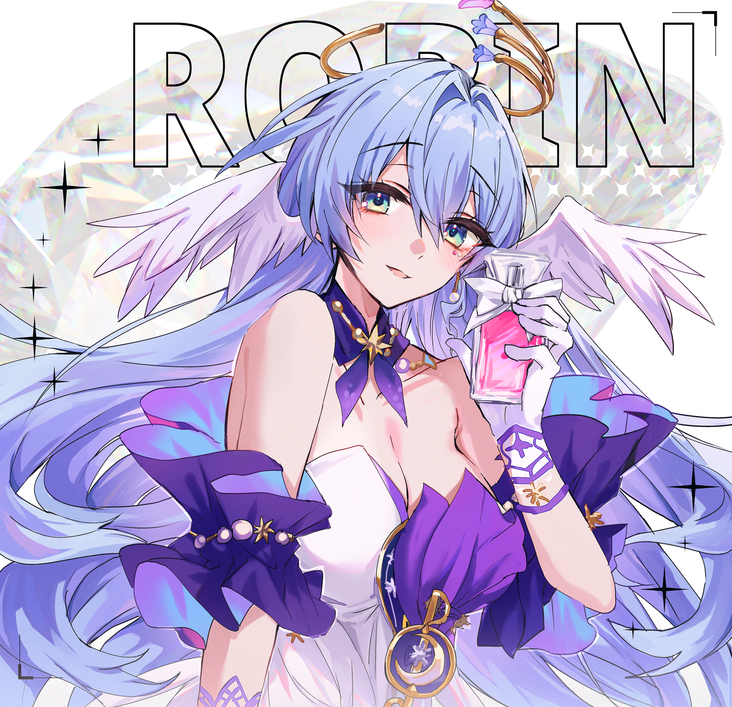 kinona, robin (honkai: star rail), honkai: star rail, honkai (series), commentary request, highres, 1girl, aqua hair, bare shoulders, blush, bottle, breasts, character name, cleavage, collarbone, dress, feathered wings, feathers, gloves, green eyes, hair between eyes, halo, head wings, holding, holding bottle, long hair, looking at viewer, medium breasts, open mouth, smile, solo, strapless, strapless dress, white dress, white gloves, wings