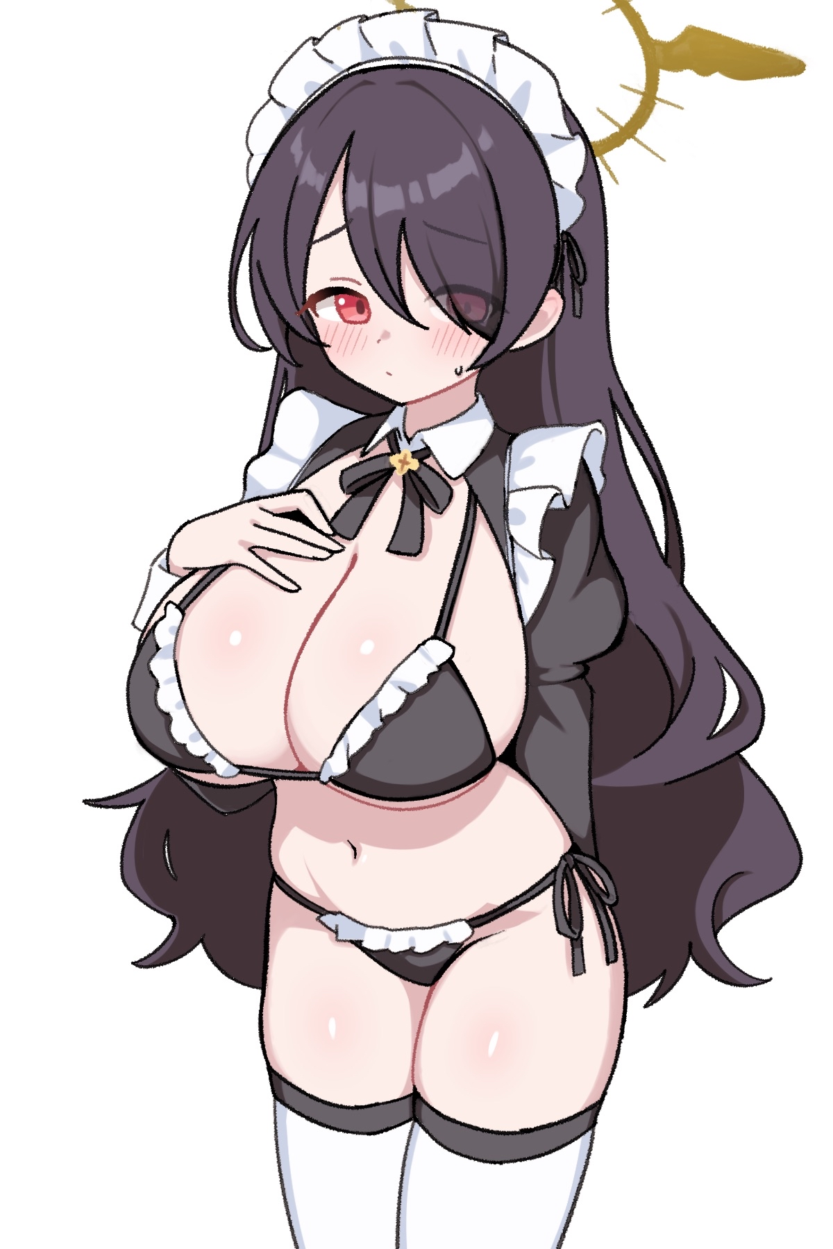 io9, hinata (blue archive), blue archive, commentary, highres, 1girl, apron, arm behind back, bikini, black bikini, black hair, blue eyes, breasts, brown halo, cleavage, cowboy shot, halo, hand on own chest, large breasts, long hair, looking at viewer, maid apron, navel, red eyes, side-tie bikini bottom, simple background, swimsuit, thighhighs, white background, white thighhighs