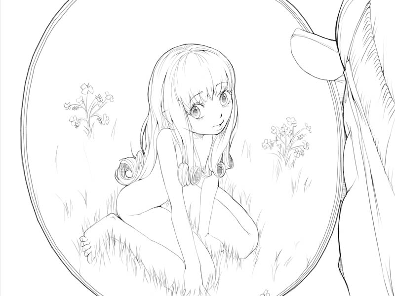 akinbo (hyouka fuyou), original, 1girl, barefoot, censored, convenient censoring, feet, flower, grass, greyscale, hair over breasts, loli, long hair, monochrome, nude, outdoors, sitting, solo focus, toes, wariza, zenra