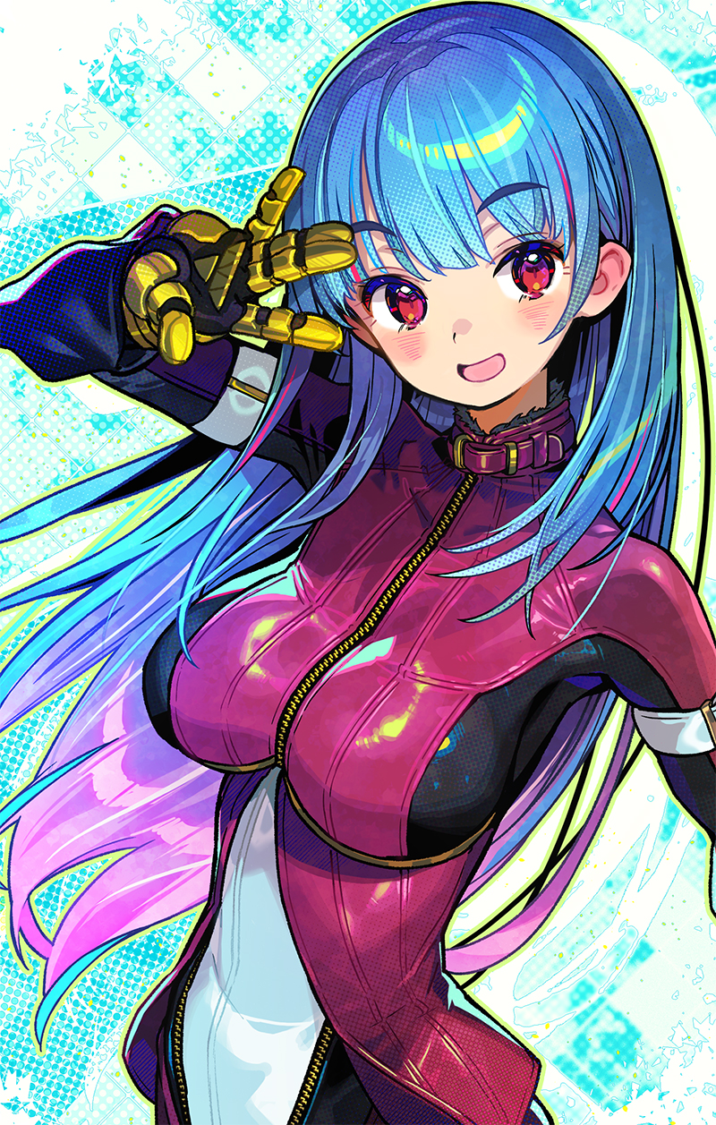 onono imoko, kula diamond, the king of fighters, commentary request, highres, 1girl, blue hair, blush, bodysuit, breasts, gloves, gradient hair, large breasts, long hair, looking at viewer, multicolored hair, open mouth, pink hair, red eyes, solo, yellow gloves