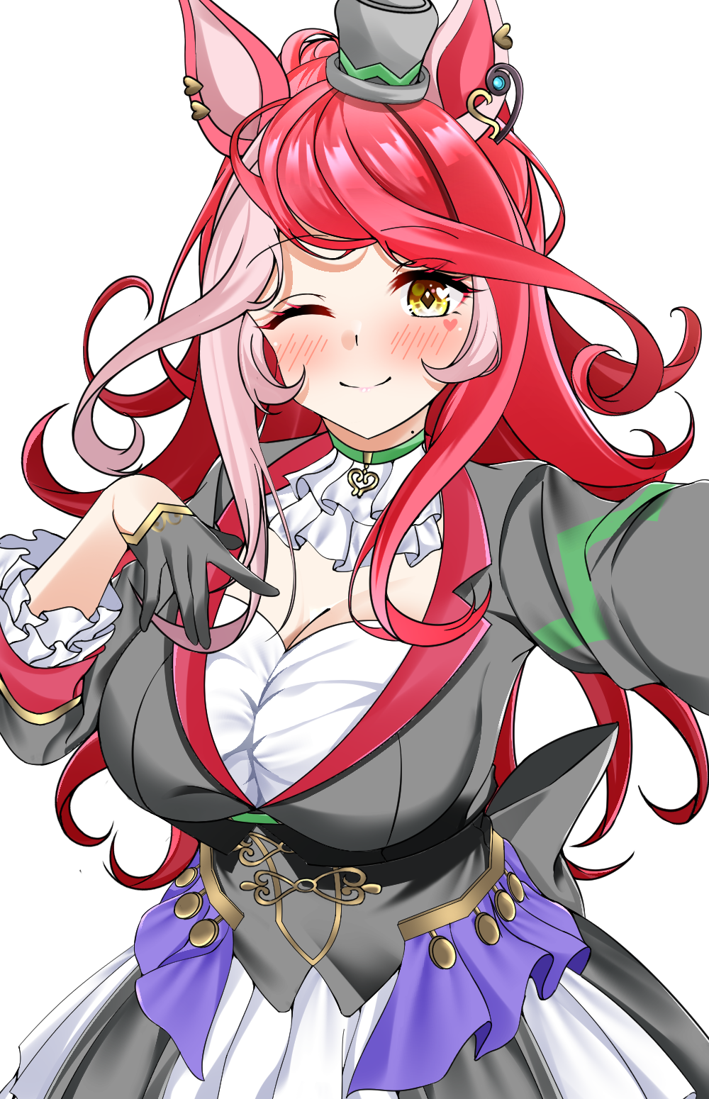 toshi04193211, loves only you (9927 wishes) (umamusume), loves only you (umamusume), umamusume, commentary request, highres, 1girl, animal ears, black jacket, black skirt, blush, breasts, choker, cleavage, closed mouth, facial mark, gloves, green choker, hair between eyes, hair ornament, hat, heart, heart facial mark, heart on cheek, horse ears, horse girl, jacket, large breasts, long hair, looking at viewer, mole, mole on neck, multicolored hair, one eye closed, reaching, reaching towards viewer, red hair, shirt, simple background, skirt, smile, solo, white background, white shirt, white skirt, yellow eyes