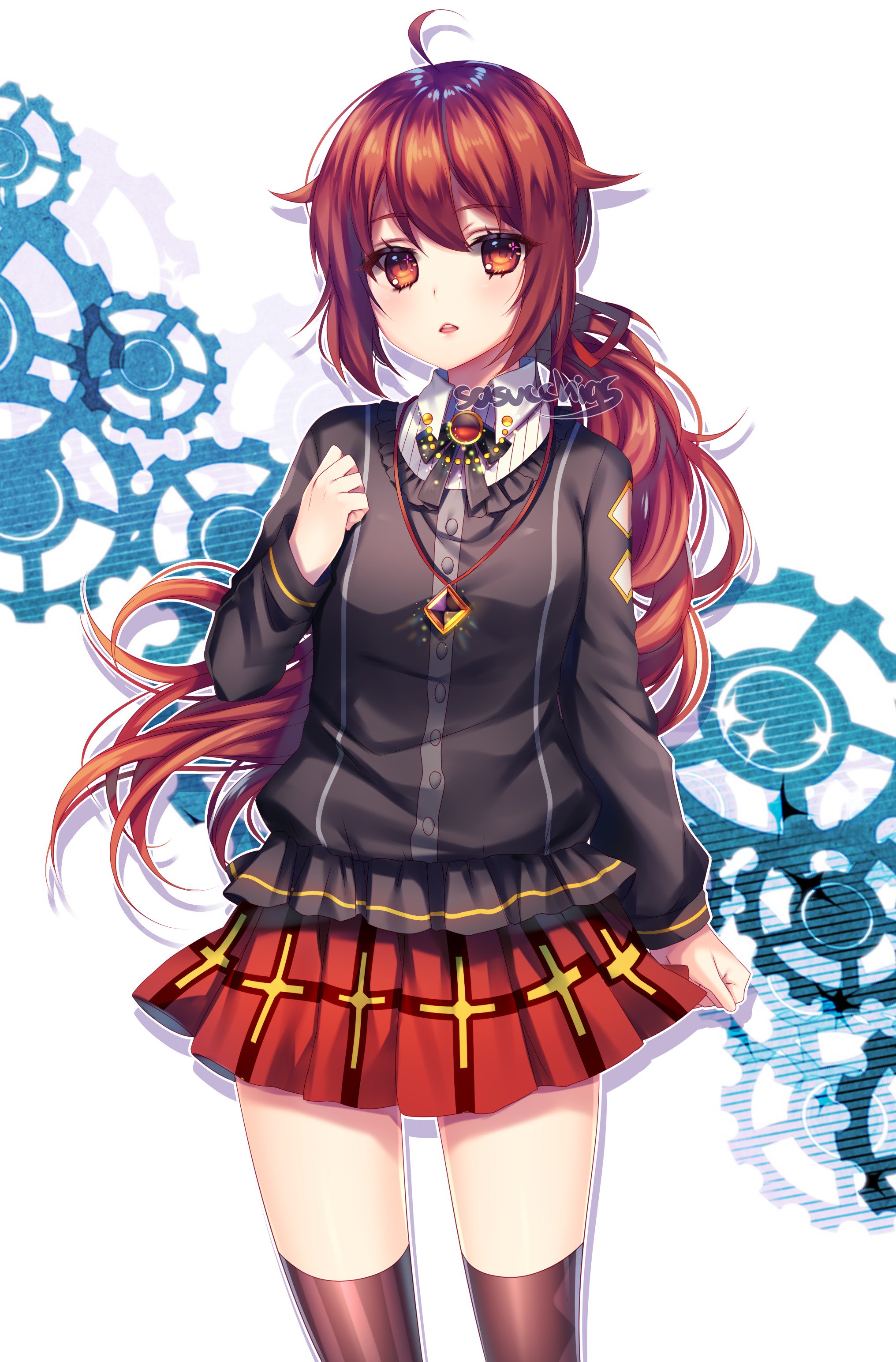 sasucchi95, original, absurdres, art trade, commentary, english commentary, highres, making-of available, 1girl, ahoge, arm at side, artist name, black bow, black bowtie, black shirt, black thighhighs, bow, bowtie, breasts, brooch, buttons, chestnut mouth, collared shirt, cowboy shot, cross, cross print, double-parted bangs, drop shadow, expressionless, frilled shirt, frills, hair between eyes, hair flaps, hand on own chest, hand up, jewelry, light blush, lips, long hair, long sleeves, low ponytail, miniskirt, orange eyes, outline, pleated skirt, ponytail, puffy long sleeves, puffy sleeves, red hair, red skirt, shirt, simple background, skirt, small breasts, solo, sparkling eyes, standing, teeth, thighhighs, tongue, tsurime, upper teeth only, very long hair, white background, white outline, white shirt, zettai ryouiki