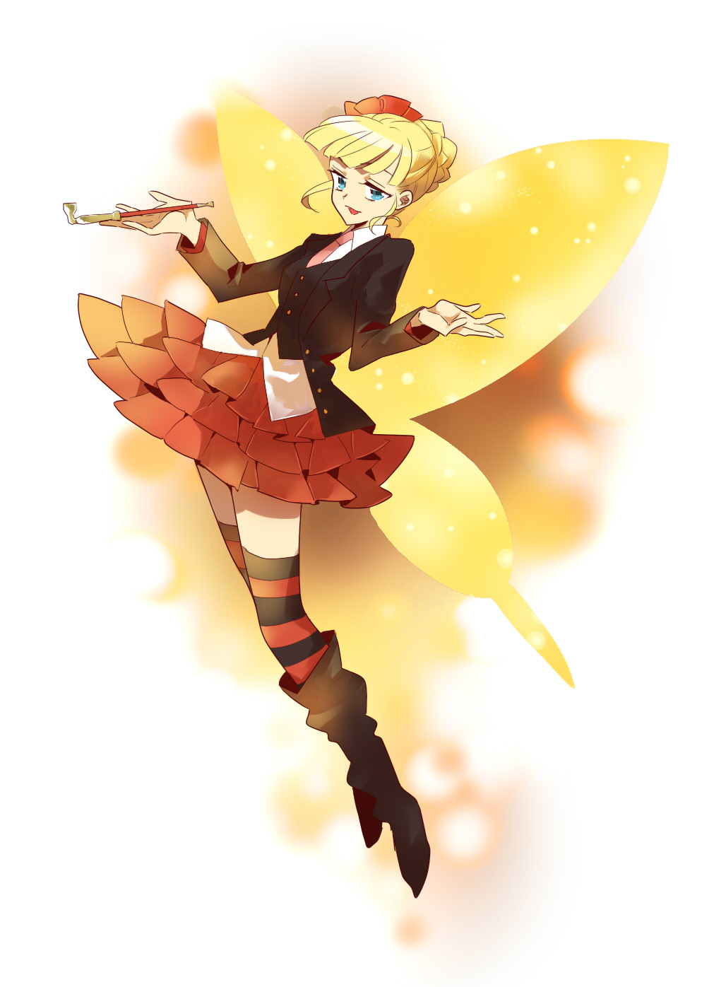 makiko, beatrice (umineko), umineko no naku koro ni, bad id, bad pixiv id, highres, 00s, 1girl, blazer, blonde hair, blue eyes, boots, bug, butterfly, female focus, frills, hair ornament, hair up, insect, jacket, kiseru, necktie, pink necktie, shrugging, skirt, smoking pipe, solo, thighhighs, vest, zettai ryouiki