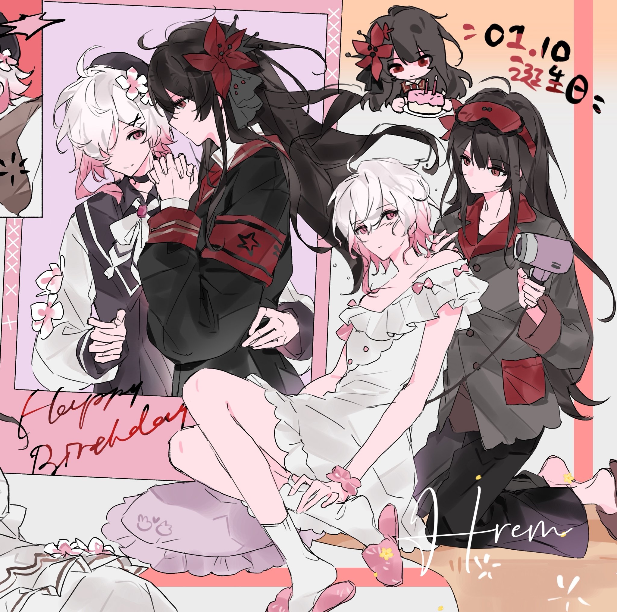 nikaido hiro, sakuraba ema, mahou shoujo no majo saiban, artist request, commentary, commentary request, commission, english commentary, highres, mixed-language commentary, second-party source, 2girls, alternate costume, beret, black hair, black hat, black pants, black shirt, collared shirt, dress, drying, drying another's hair, drying hair, flower, gradient hair, hair dryer, hair flower, hair ornament, happy birthday, hat, holding, holding hair dryer, interlocked fingers, kneeling, long hair, long sleeves, looking at another, multicolored hair, multiple girls, multiple views, own hands together, pajamas, pants, pillow, pink eyes, pink hair, profile, red eyes, ship name, shirt, short hair, sitting, sleep mask, slippers, smile, white dress, white flower, white hair, x hair ornament