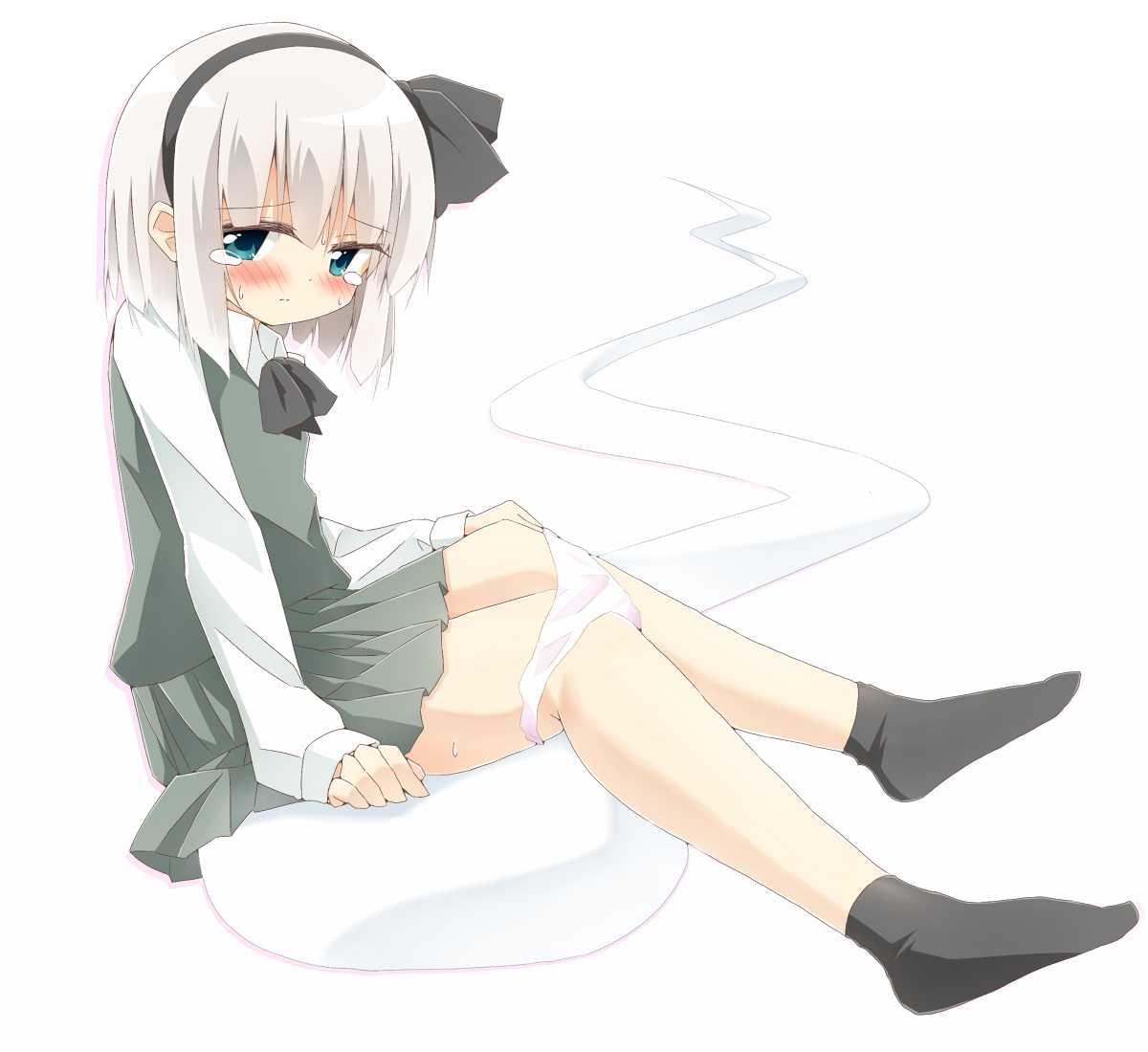 shishiky, konpaku youmu, konpaku youmu (ghost), touhou, commentary request, 1girl, black bow, black bowtie, black hairband, black socks, blue eyes, blush, bow, bowtie, closed mouth, collared shirt, green skirt, green vest, grey hair, hairband, hitodama, long sleeves, looking at viewer, panties, panty pull, pink panties, pleated skirt, shirt, sitting, skirt, skirt set, socks, solo, tearing up, underwear, vest, white shirt