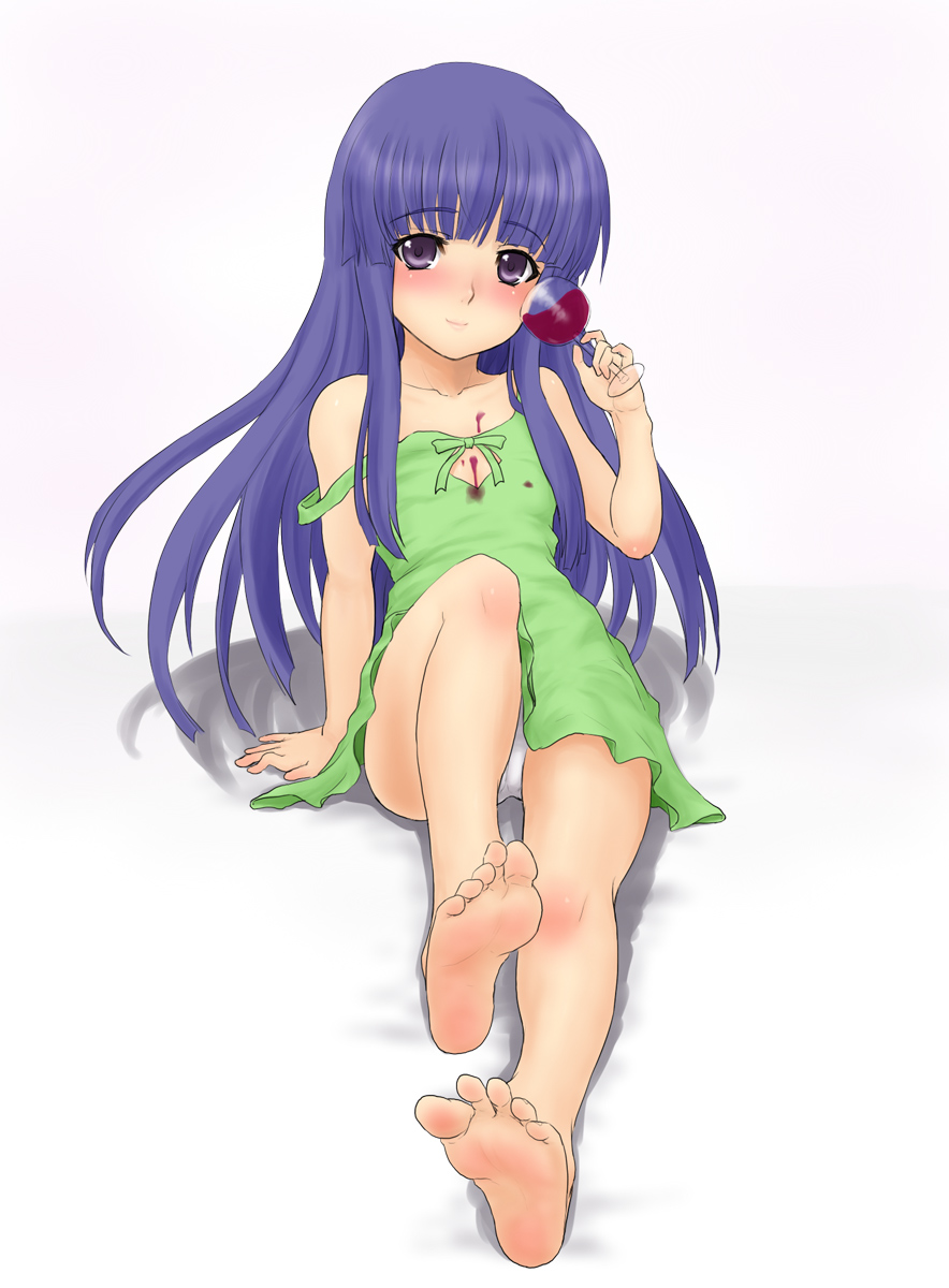 kuro suto sukii, furude rika, higurashi no naku koro ni, highres, 00s, 1girl, alcohol, barefoot, blue hair, blush, chalice, cup, dress, drinking glass, dripping, feet, female focus, flat chest, foot focus, green skirt, loli, long hair, off shoulder, panties, pantyshot, purple eyes, purple hair, simple background, sitting, skirt, soles, solo, spill, strap slip, sundress, toes, underwear, upskirt, white background, wine, wine glass