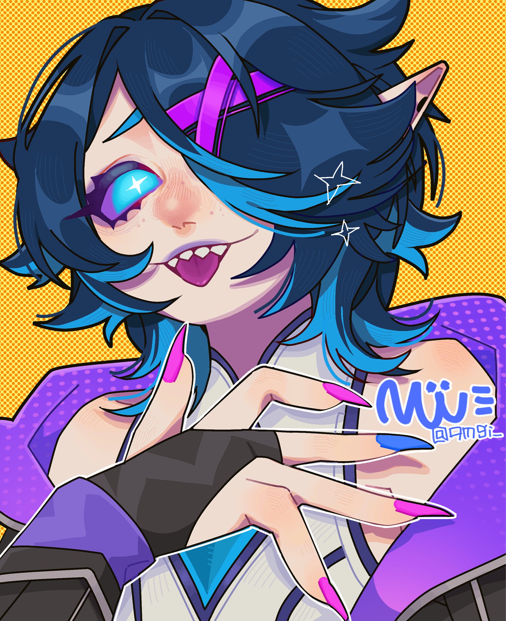 nw (qmgi ), briar (league of legends), league of legends, commentary, english commentary, highres, 1girl, bare shoulders, battle academia briar, black bridal gauntlets, blue eyes, blue hair, blue nails, blue streaks, bridal gauntlets, colored sclera, fingernails, hair ornament, hair over one eye, halterneck, hand up, long fingernails, medium hair, messy hair, multicolored hair, multicolored nails, official alternate costume, official alternate hair color, one eye covered, pink nails, pointy ears, portrait, purple sclera, sharp teeth, shirt, signature, solo, star (symbol), star in eye, streaked hair, symbol in eye, teeth, tongue, tongue out, twitter username, white shirt, x hair ornament