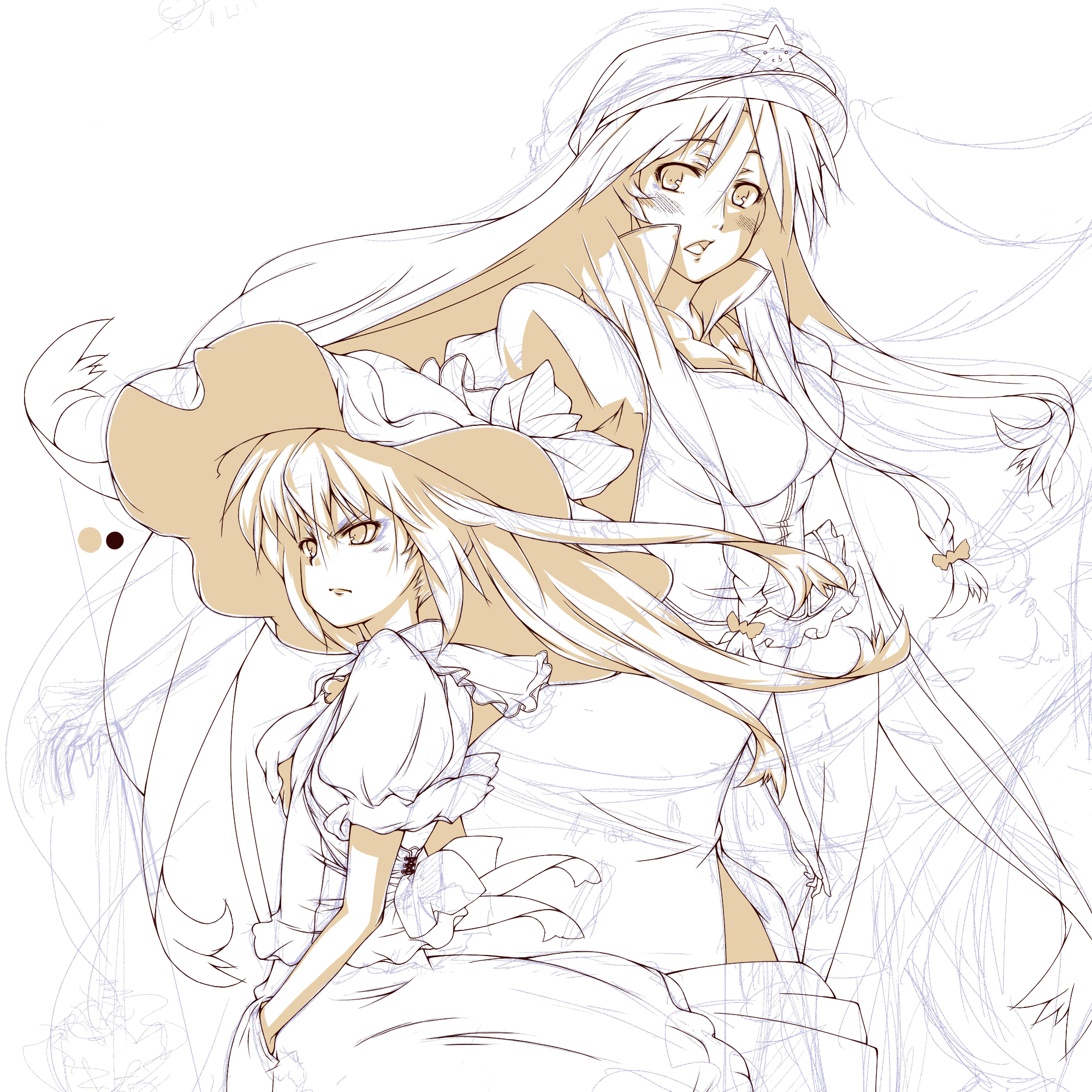 aa6, aaii, flandre scarlet, hong meiling, embodiment of scarlet devil, touhou, bad id, bad pixiv id, highres, unfinished, 2girls, chinese clothes, dress, female focus, hat, impossible clothes, impossible dress, monochrome, multiple girls, sketch