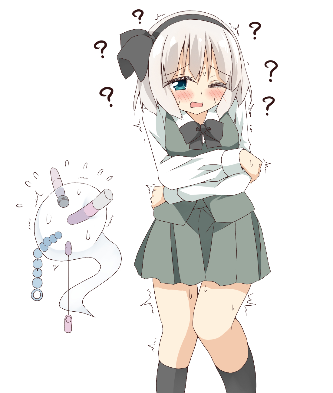 shishiky, konpaku youmu, konpaku youmu (ghost), touhou, commentary request, highres, 1girl, ?, ??, anal beads, black bow, black bowtie, black hairband, black socks, blush, bow, bowtie, collared shirt, crossed arms, dildo, egg vibrator, female masturbation, flying sweatdrops, green skirt, green vest, grey hair, hairband, hitachi magic wand, hitodama, kneehighs, long sleeves, looking at viewer, masturbation, one eye closed, open mouth, sex toy, shirt, skirt, skirt set, socks, solo, sweat, trembling, vest, vibrator, white shirt