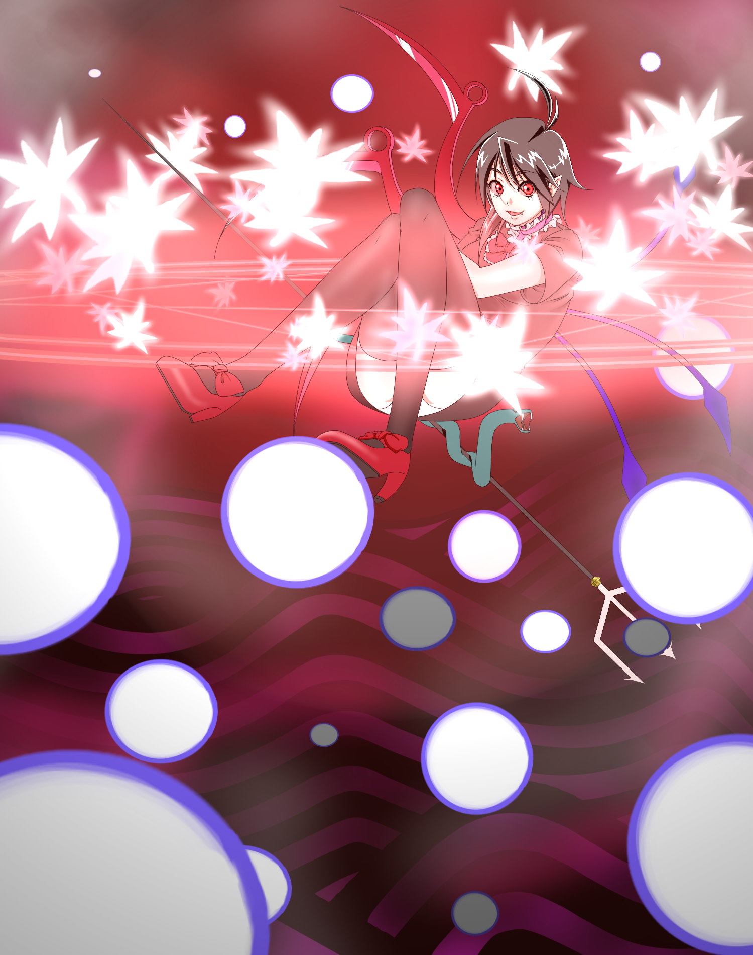 shigeruoomi, houjuu nue, touhou, bad id, bad pixiv id, highres, 1girl, black hair, black thighhighs, danmaku, fang, female focus, polearm, red eyes, short hair, snake, solo, spear, thighhighs, trident, weapon, wings, zettai ryouiki