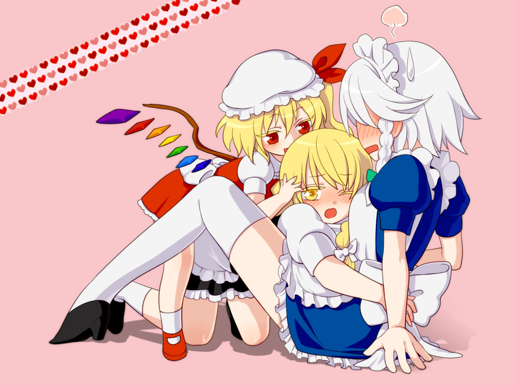 loup-garou, flandre scarlet, izayoi sakuya, kirisame marisa, touhou, bad id, bad pixiv id, 3girls, back, blonde hair, blush, female focus, girl sandwich, hat, hug, multiple girls, one eye closed, ribbon, sandwiched, thighhighs, wink