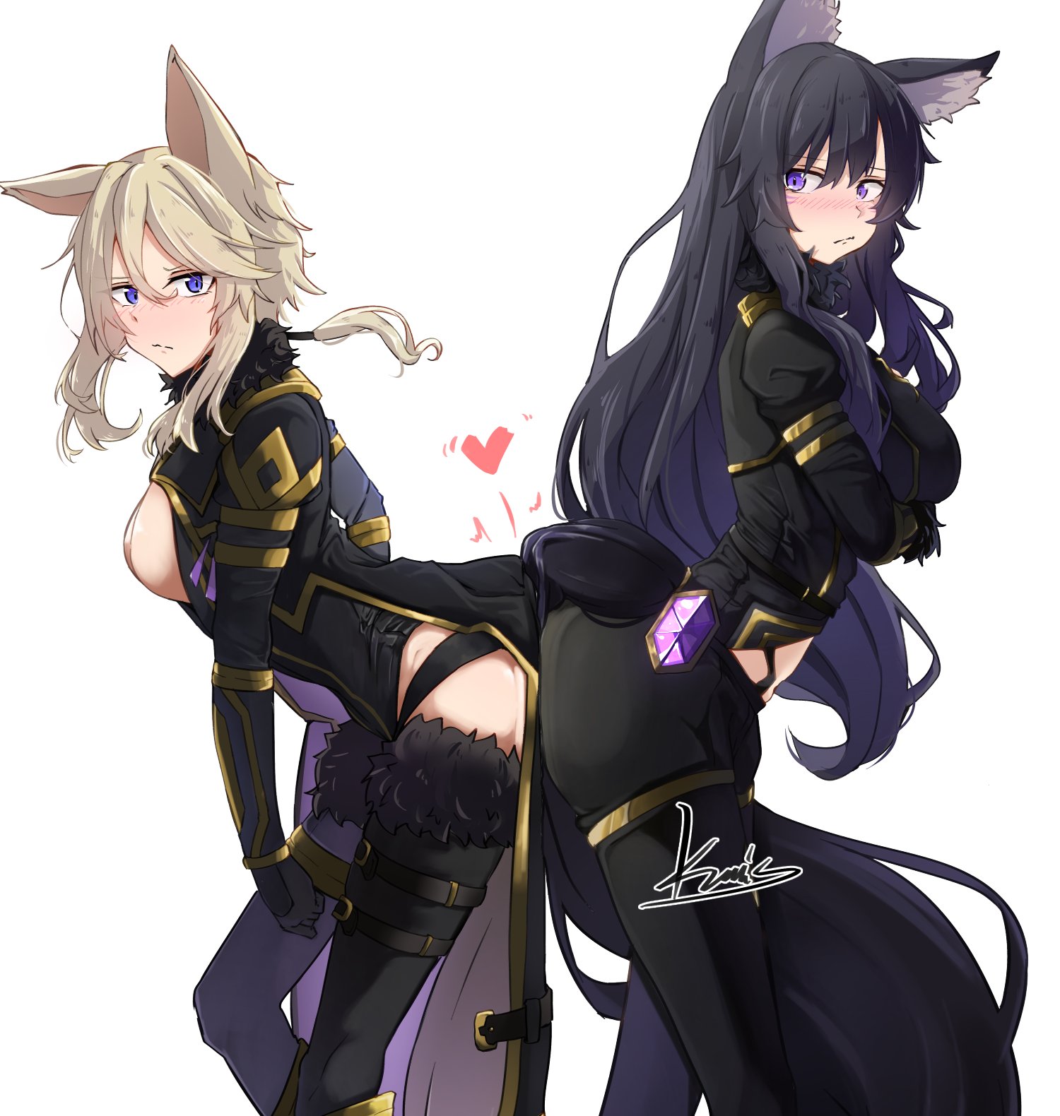 kamisu yu, delta (kagejitsu), zeta (kagejitsu), kage no jitsuryokusha ni naritakute!, commentary request, highres, 2girls, animal ear fluff, animal ears, ass-to-ass, black bodysuit, black hair, blonde hair, blush, bodysuit, breasts, cat ears, cat girl, cat tail, closed mouth, facial mark, fur trim, gem, gold trim, hair between eyes, heart, large breasts, long hair, multiple girls, purple eyes, purple gem, tail, very long hair, wolf ears, wolf girl, wolf tail