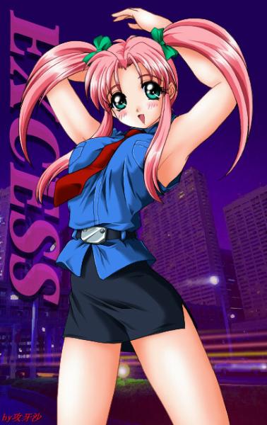 artist request, translation request, arms up, breasts, green eyes, large breasts, pink hair, skirt, twintails