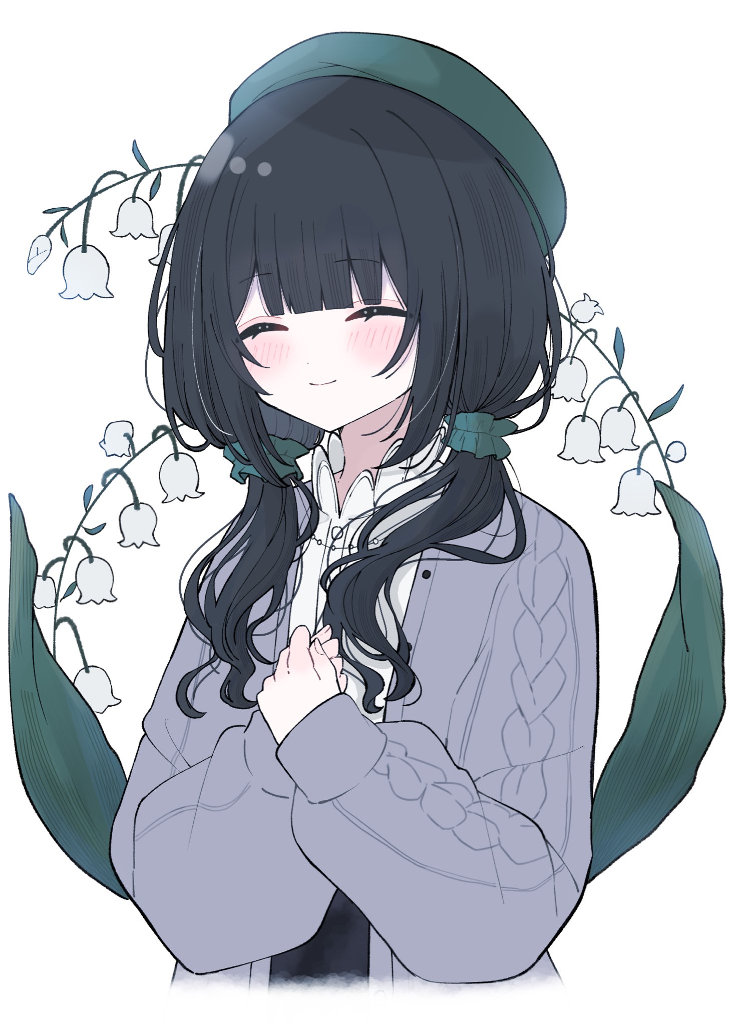 tori (tori nankotsu96), kurobe nanoka, book off, mahou shoujo no majo saiban, commentary request, highres, 1girl, ^ ^, beret, black hair, blunt bangs, cardigan, closed eyes, closed mouth, facing viewer, flower, green hat, green scrunchie, grey cardigan, hair ornament, hair scrunchie, happy, hat, lily of the valley, long hair, long sleeves, low twintails, official alternate costume, official alternate hairstyle, own hands together, scrunchie, shirt, smile, solo, twintails, upper body, white background, white flower, white shirt