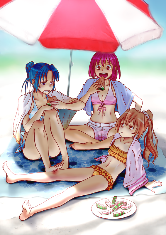 wokada, aisaka taiga, kawashima ami, kushieda minori, toradora!, 00s, 3girls, barefoot, beach, beach umbrella, bikini, blue hair, breasts, brown eyes, brown hair, cleavage, day, eating, feet, fingernails, flat chest, food, front-tie top, fruit, legs, long hair, multiple girls, outdoors, ponytail, purple eyes, red eyes, red hair, shade, short hair, shorts, soles, spread legs, swimsuit, toenails, toes, towel, umbrella, watermelon