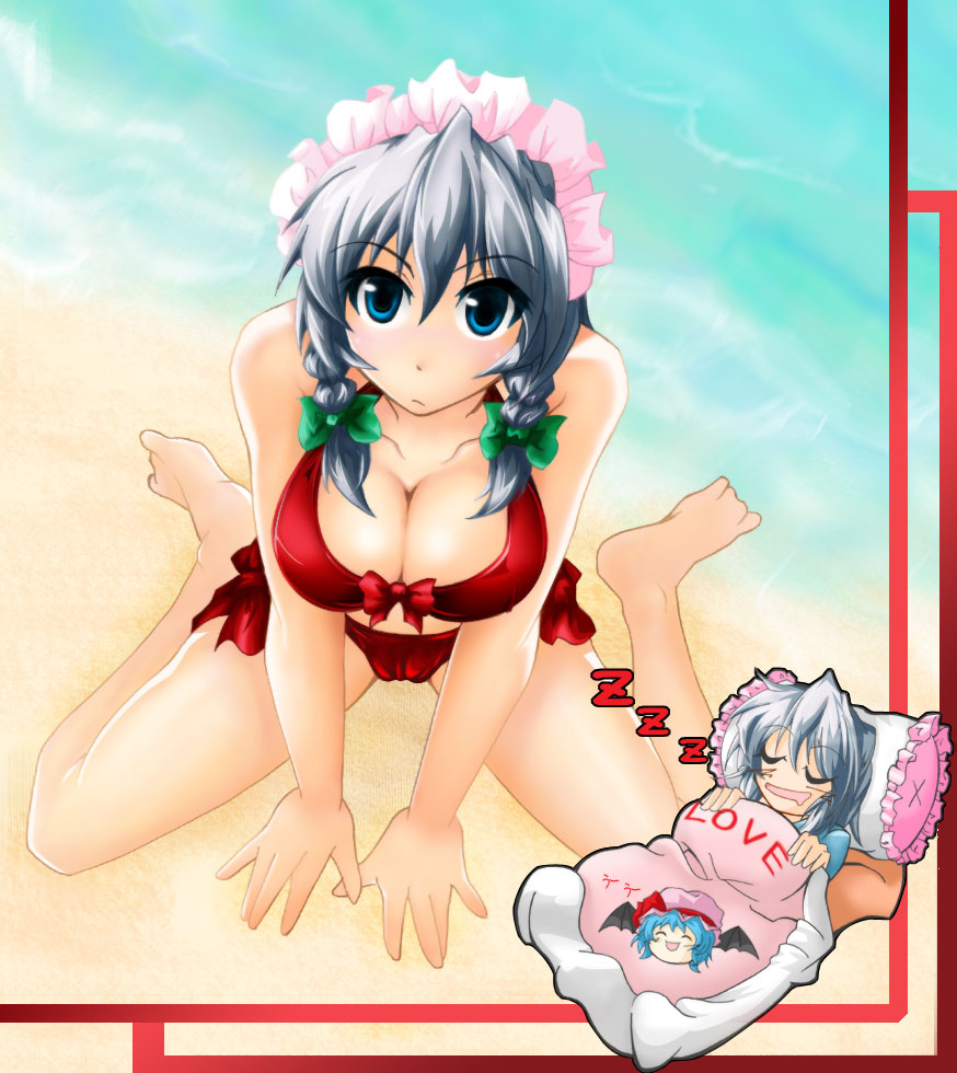 fuurai-pepu, pepu (sherukan), izayoi sakuya, touhou, silver hair, bad id, bad pixiv id, 1girl, bad anatomy, bad feet, barefoot, bikini, blue eyes, braid, breasts, cleavage, dreaming, feet, female focus, hairband, poorly drawn, short hair, solo, swimsuit, twin braids