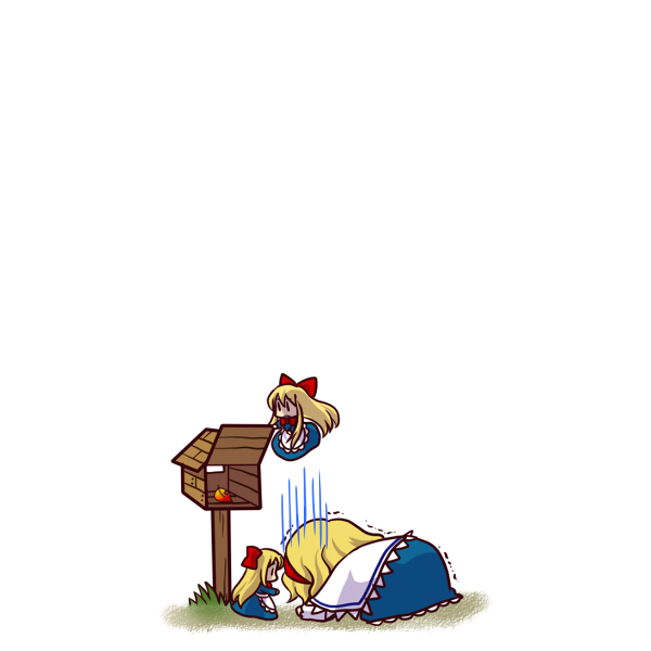 socha, alice margatroid, shanghai doll, touhou, 1girl, blonde hair, chibi, doll, female focus, hairband, mailbox, postbox, prostration, simple background, solo, sulking, trembling, white background, | |, | | |