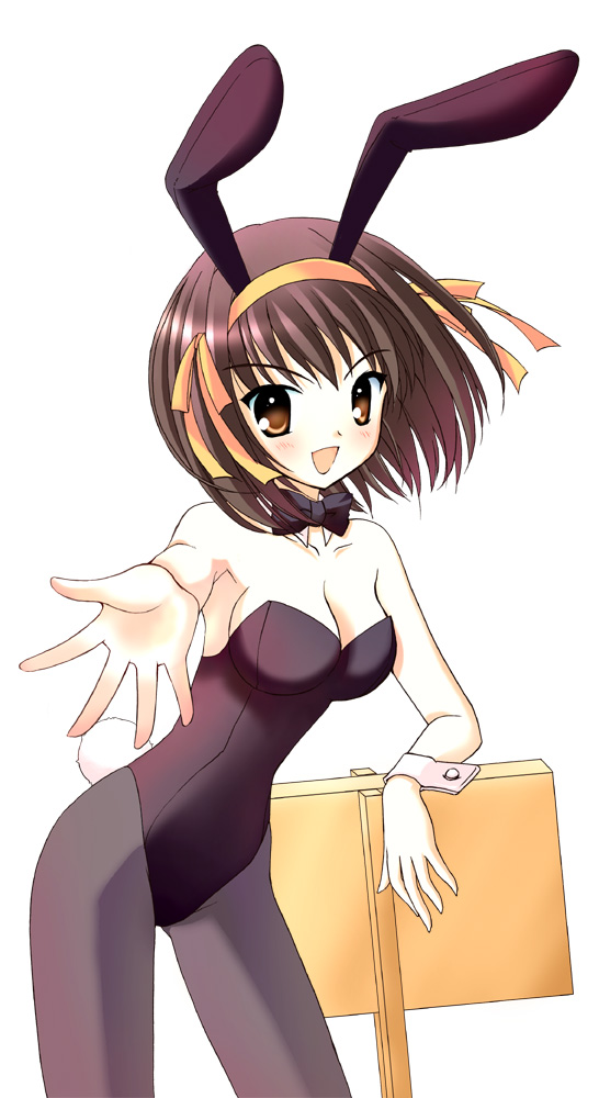 kahara nanami, suzumiya haruhi, suzumiya haruhi no yuuutsu, 00s, 1girl, animal ears, brown eyes, brown hair, fake animal ears, female focus, hair ribbon, pantyhose, placard, playboy bunny, rabbit ears, ribbon, short hair, sign, solo