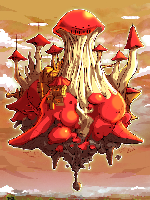 jinza kazushi, fantasy, flying, mushroom, propeller